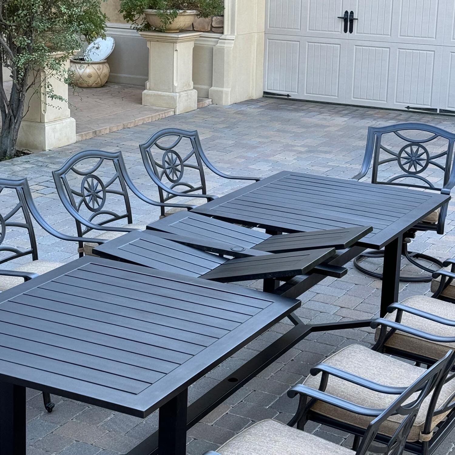 Darlee B/DL503-11PCDR-2350LE Ten Star 11 Pc Cast Aluminum Dining Set w/ Swivel Rocker Chairs in Antique Bronze - Table Extension - Lifestyle thumbnail