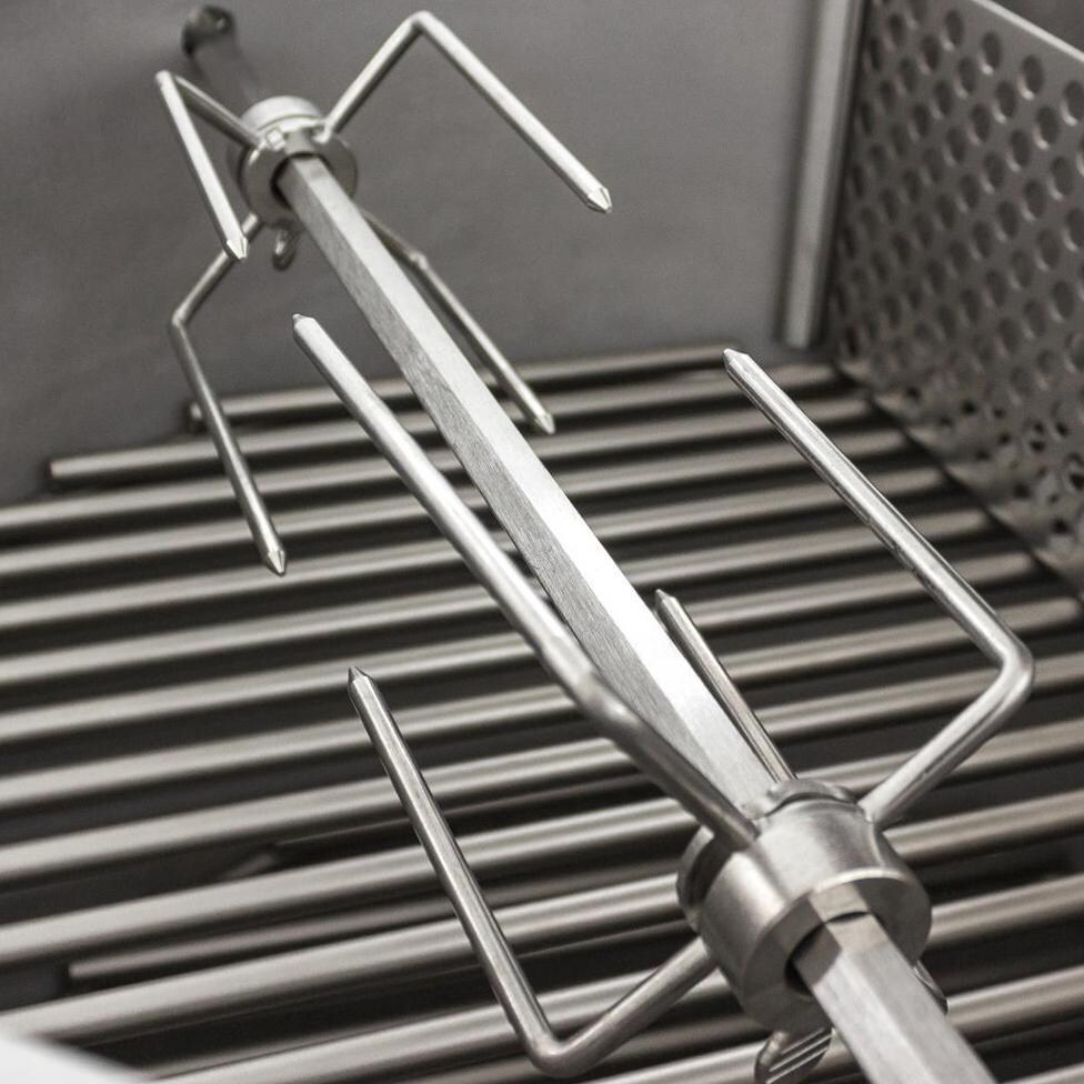 BLZ-KMDO-2-ROTIS Blaze Kamado Rotisserie Kit - Rotisserie Rod & Fork Detail (Shown With Blaze Kamado & Charcoal Basket - Not Included) thumbnail