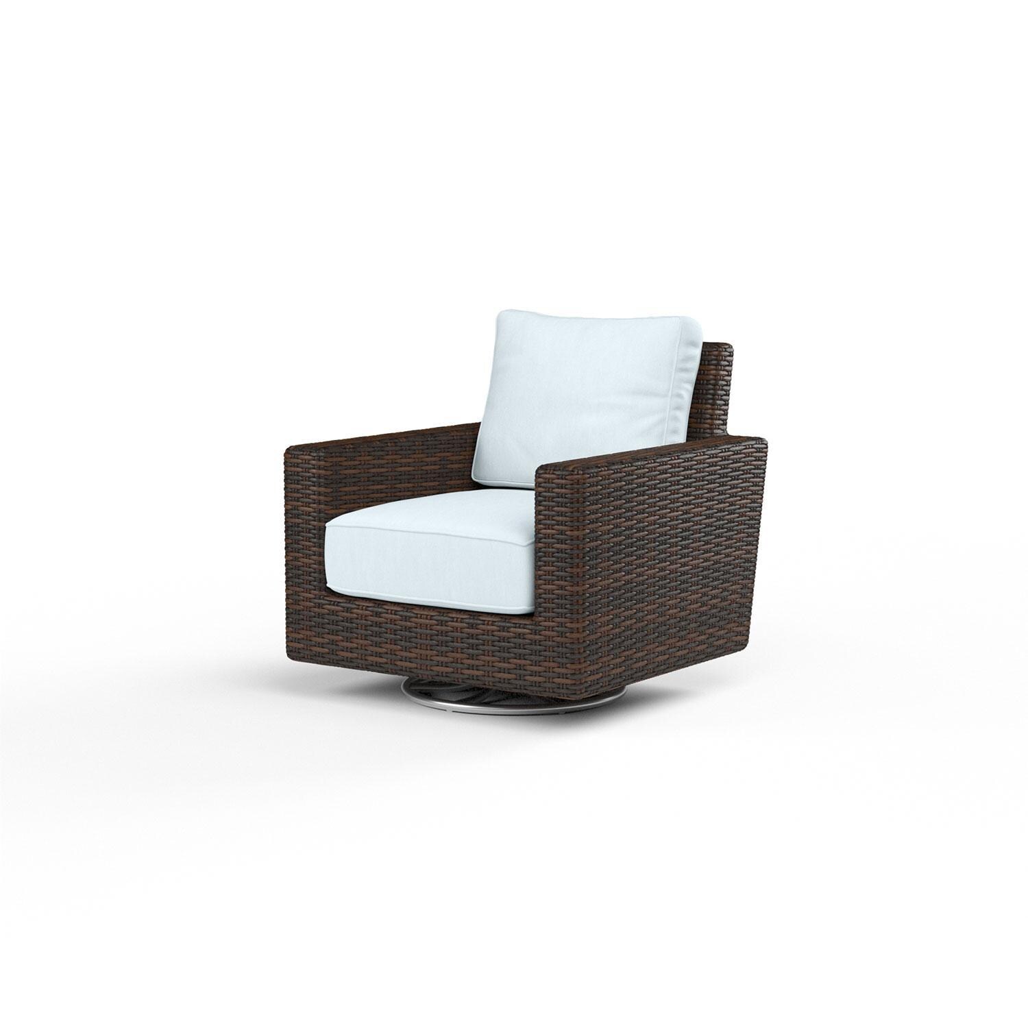 Montecito Wicker Patio Swivel Rocker Club Chair in Canvas Skyline w/ Self Welt By Sunset West - Display - White Background thumbnail