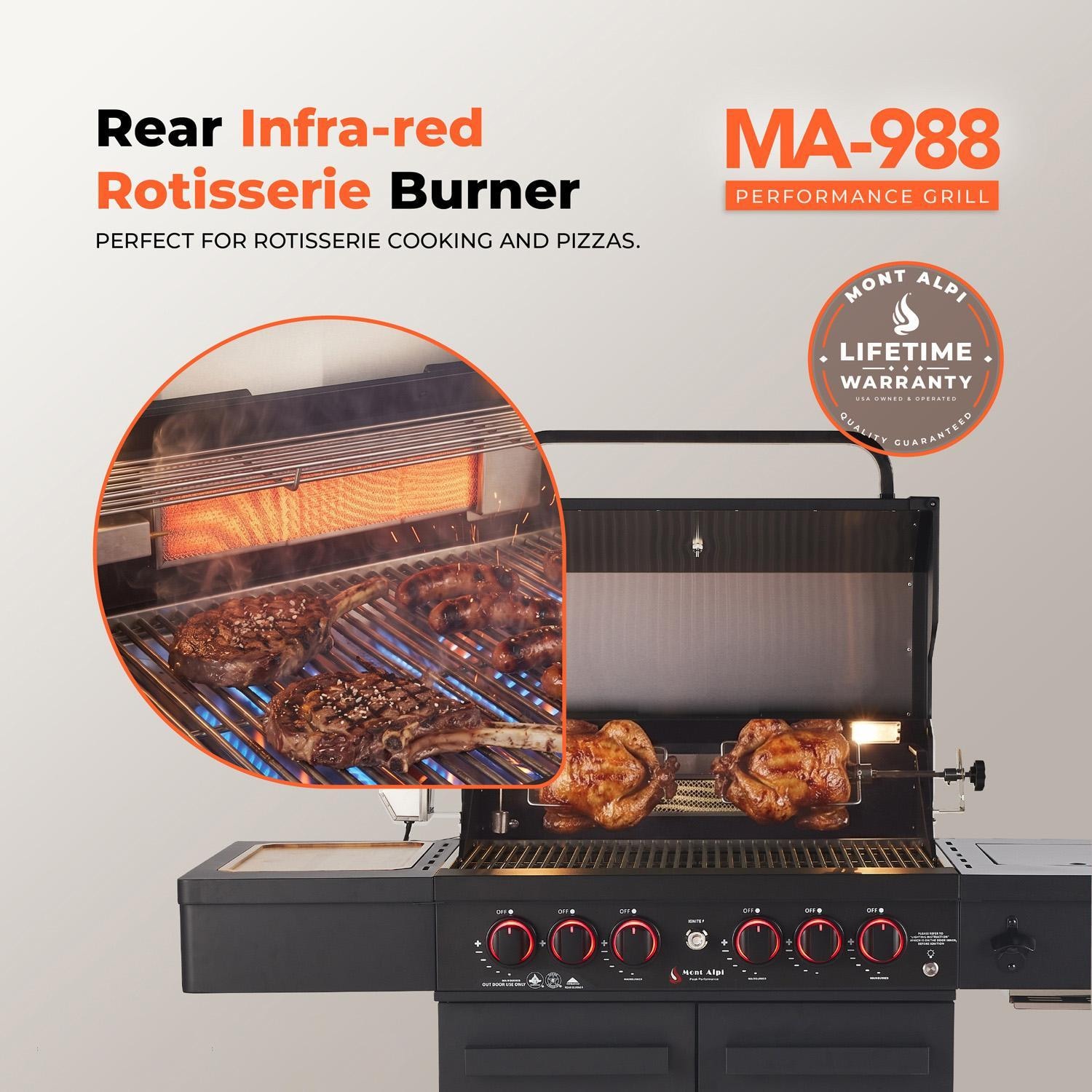 Mont Alpi MA-988 Performance Black Series 4 Burner Propane Grill - Rear Burner - Detail thumbnail