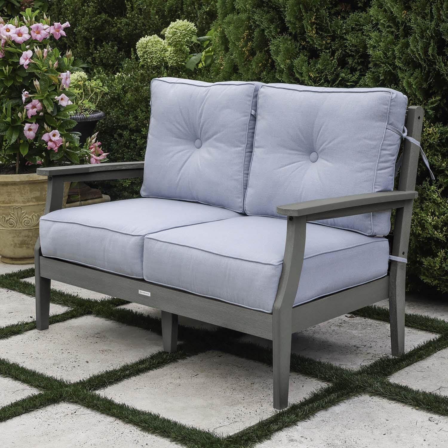 Blushing Bay 2 Person Recycled Plastic Loveseat in Bliss Dew/Coastal Teak by Lakeview Outdoor Designs - Right Angled - Lifestyle thumbnail