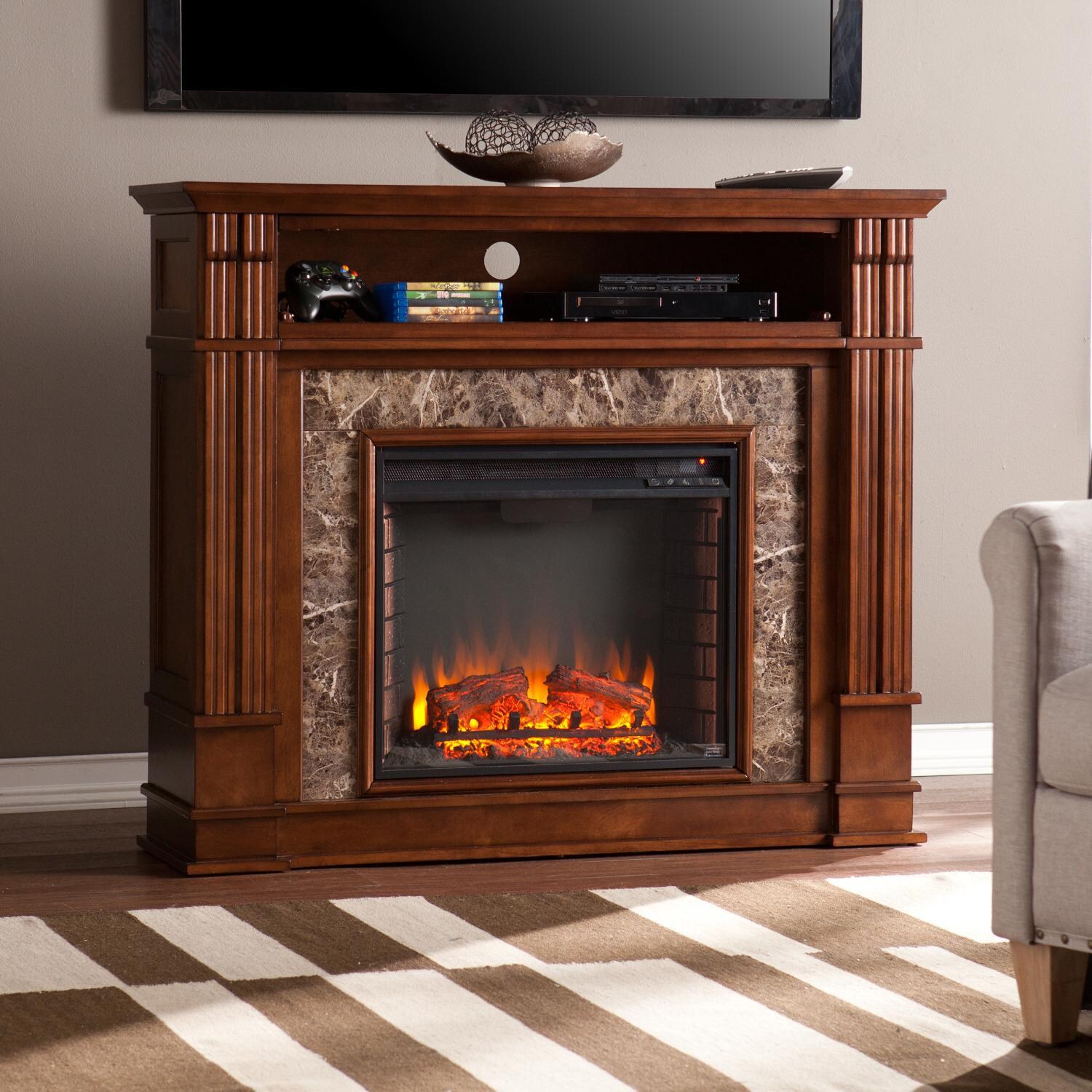 Southern Enterprises Highgate 48-Inch Electric Fireplace Mantel W/ Infrared Heater - Whiskey Maple W/ Chocolate Brown Faux Granite - FI9321 - Media Shelf Open thumbnail