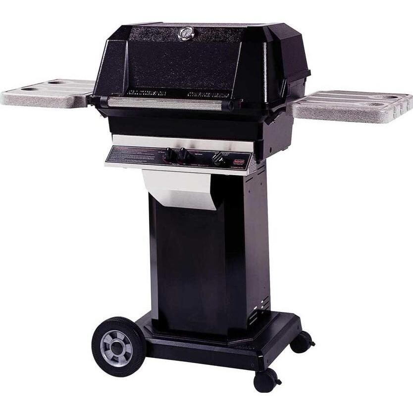 MHP WNK4 Freestanding Natural Gas Grill With Nu-Stone Shelves And Stainless Grids On Black Cart
