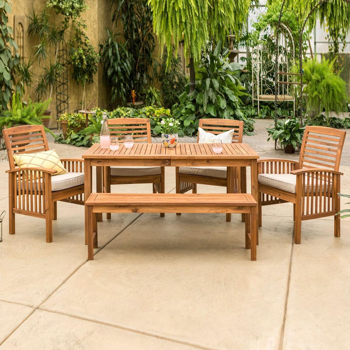 Ultimate Patio Horizon Way 6 Piece Brown Acacia Patio Dining Set W/ 60 X 34 Inch Rectangular Table & Natural Cushions thumbnail