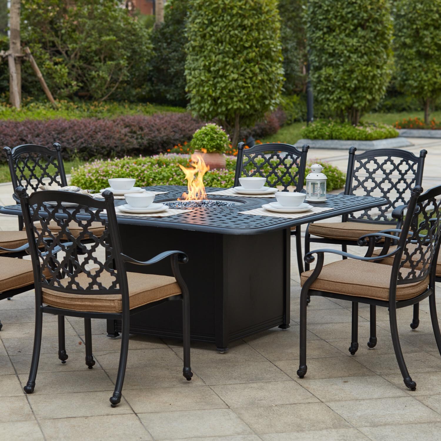 Madison 9 Pc Cast Aluminum Fire Pit Dining Set w/ 64 Inch Square Signature Table in Antique Bronze/Sesame by Darlee