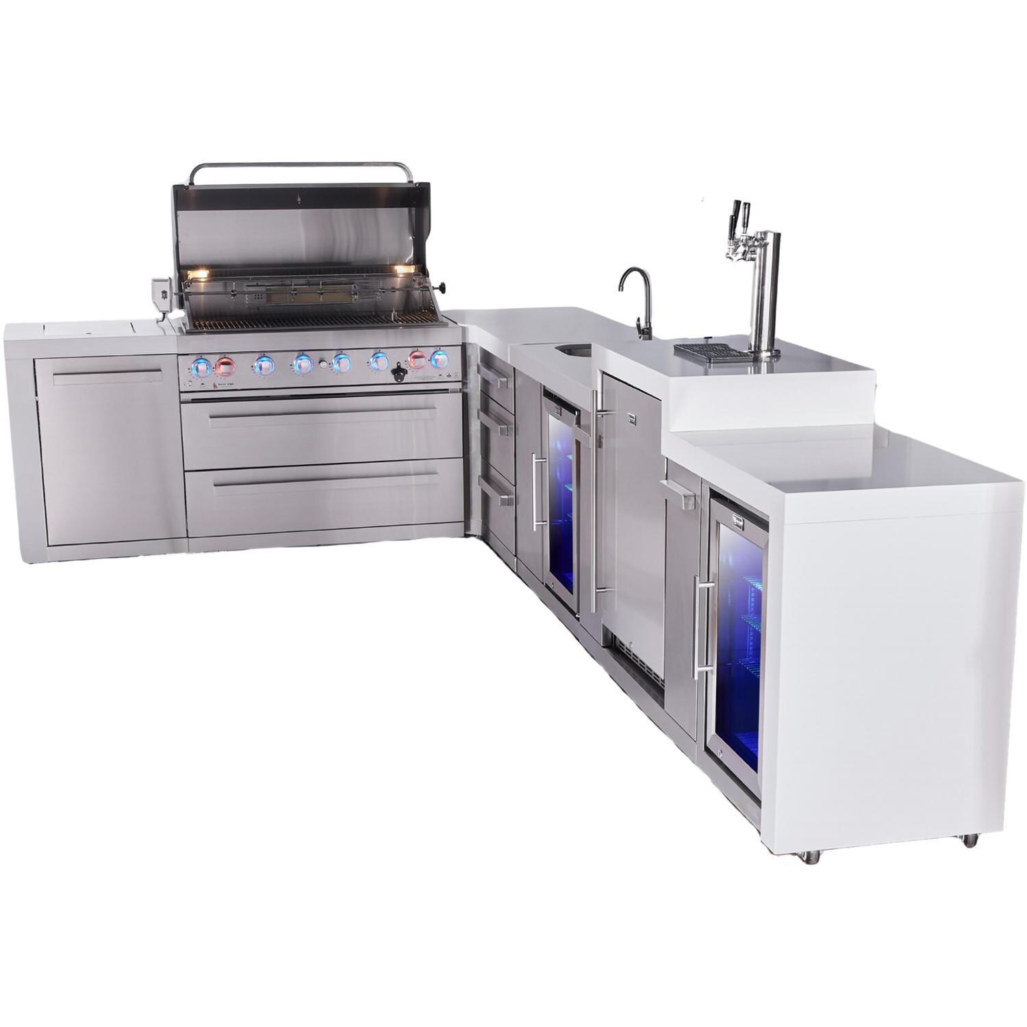 Mont Alpi Deluxe Series 12 Ft Propane Outdoor Kitchen Island w/ 32-in Grill, Side Burner, Beverage Center, Kegerator, Fridge & Triple Drawer - MAi805-D90KEGBEVFCDR - Grill Open - White Background thumbnail