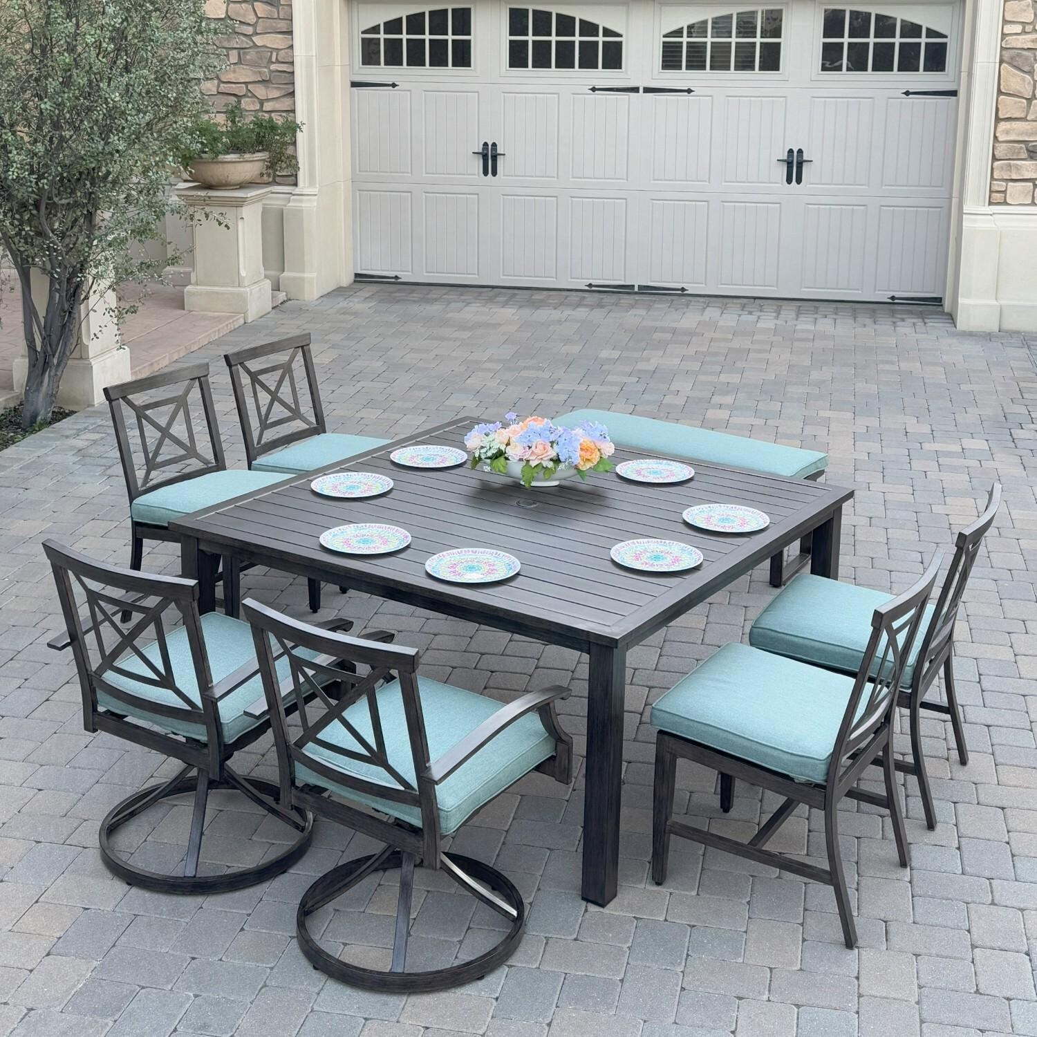 Atlantis 8 Pc Aluminum Dining Set w/ 4 Dining Side Chairs, 2 Swivel Rocker Dining Arm Chairs & Two Person Bench in Walnut/Spa by Darlee