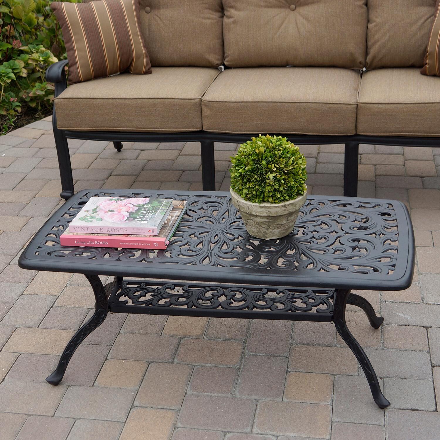 Elisabeth 2 Pc Cast Aluminum Seating Set w/ Series 80 Coffee Table in Antique Bronze by Darlee - Table - Detail thumbnail