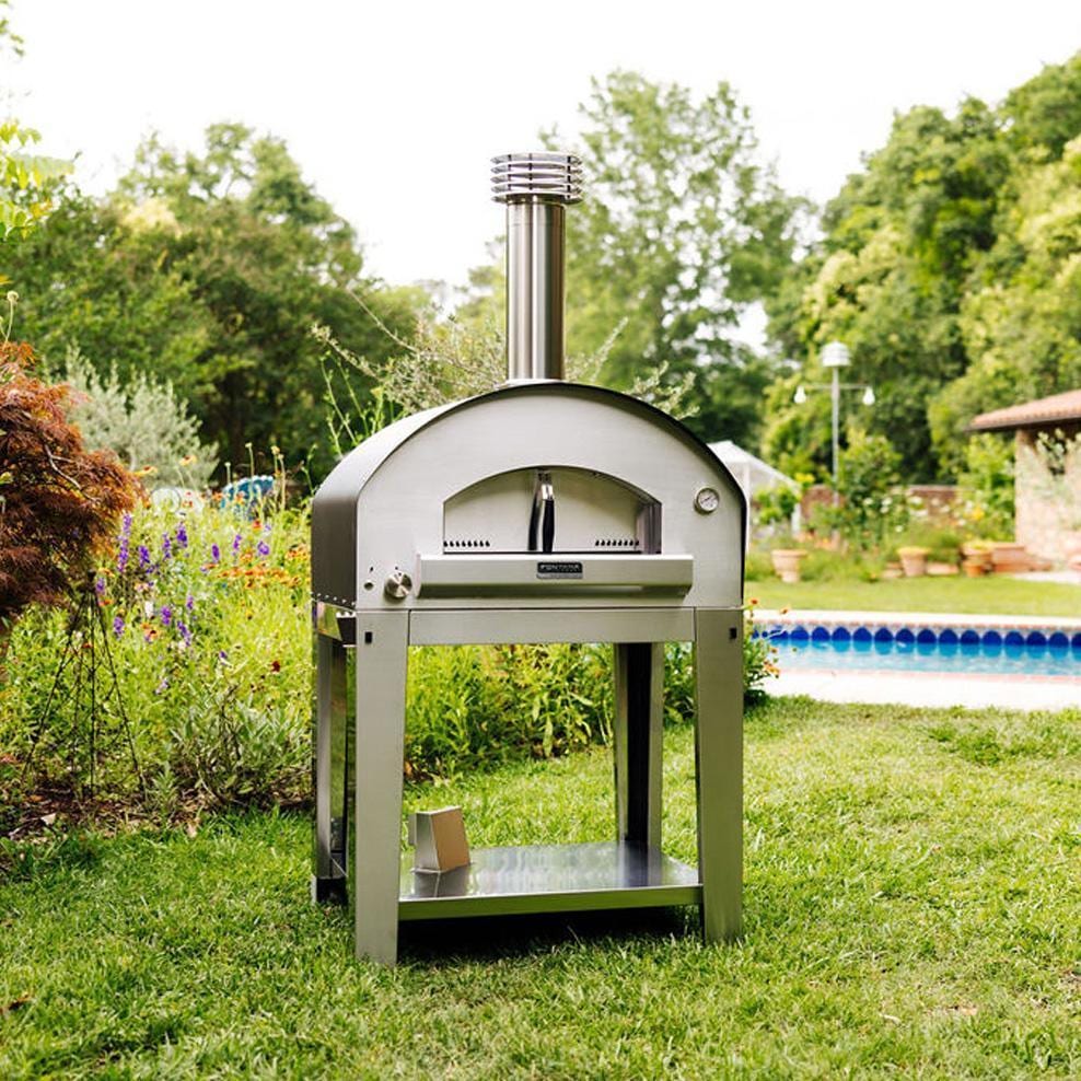 Fontana Forni FTFIR-H-R + FTCART-L Firenze Hybrid Pizza Oven on Cart - Red - In the Yard W/ Door - Lifestyle thumbnail