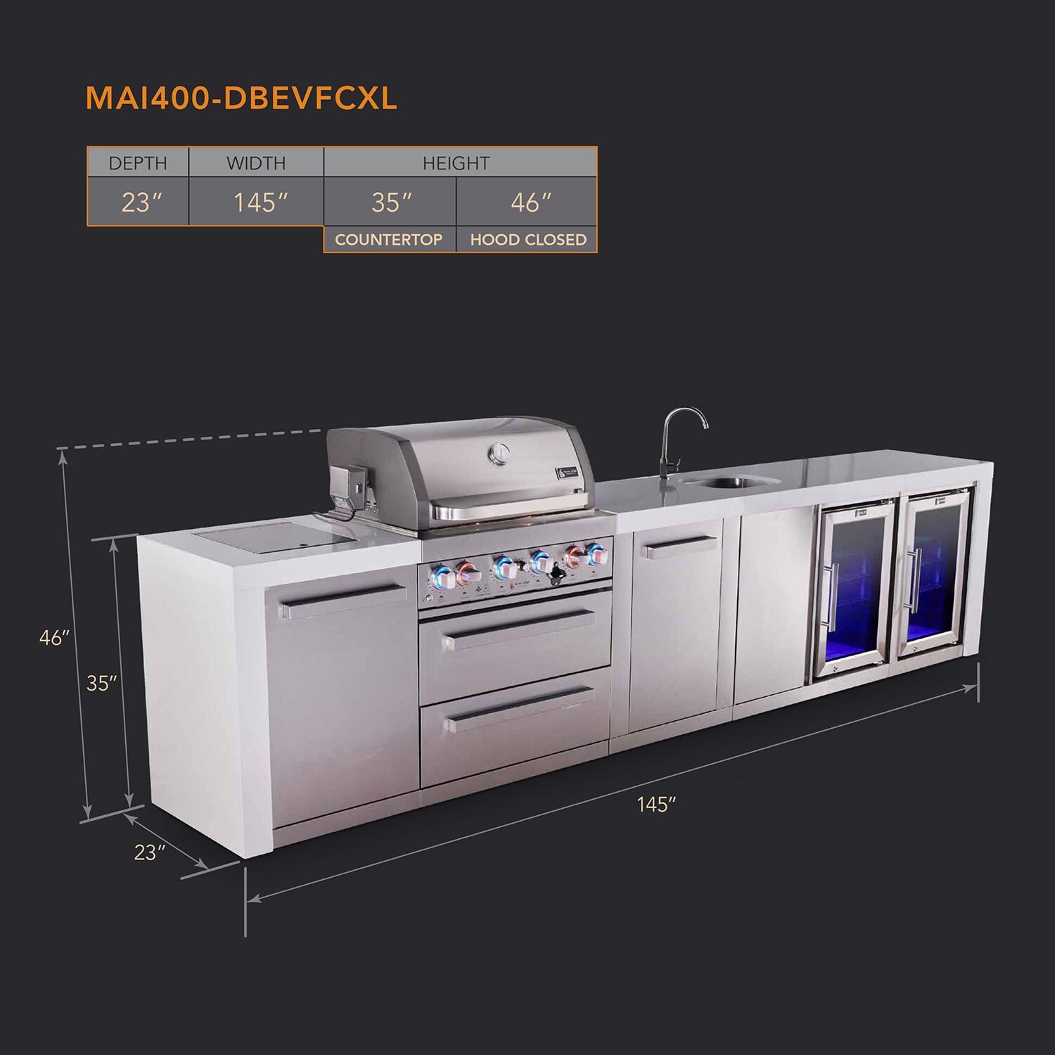 Mont Alpi Deluxe Series 12 Ft Natural Gas Outdoor Kitchen Island w/ 32-in Grill, Side Burner, Beverage Center, Fridge & Extra Door (Ships Propane w/ Conversion Kit) - Dimensions - Dimensional thumbnail
