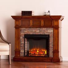 Southern Enterprises Merrimack 45-Inch Corner Convertible Electric Fireplace Mantel Package - Buckeye W/ Durango Faux Stone - FE9637