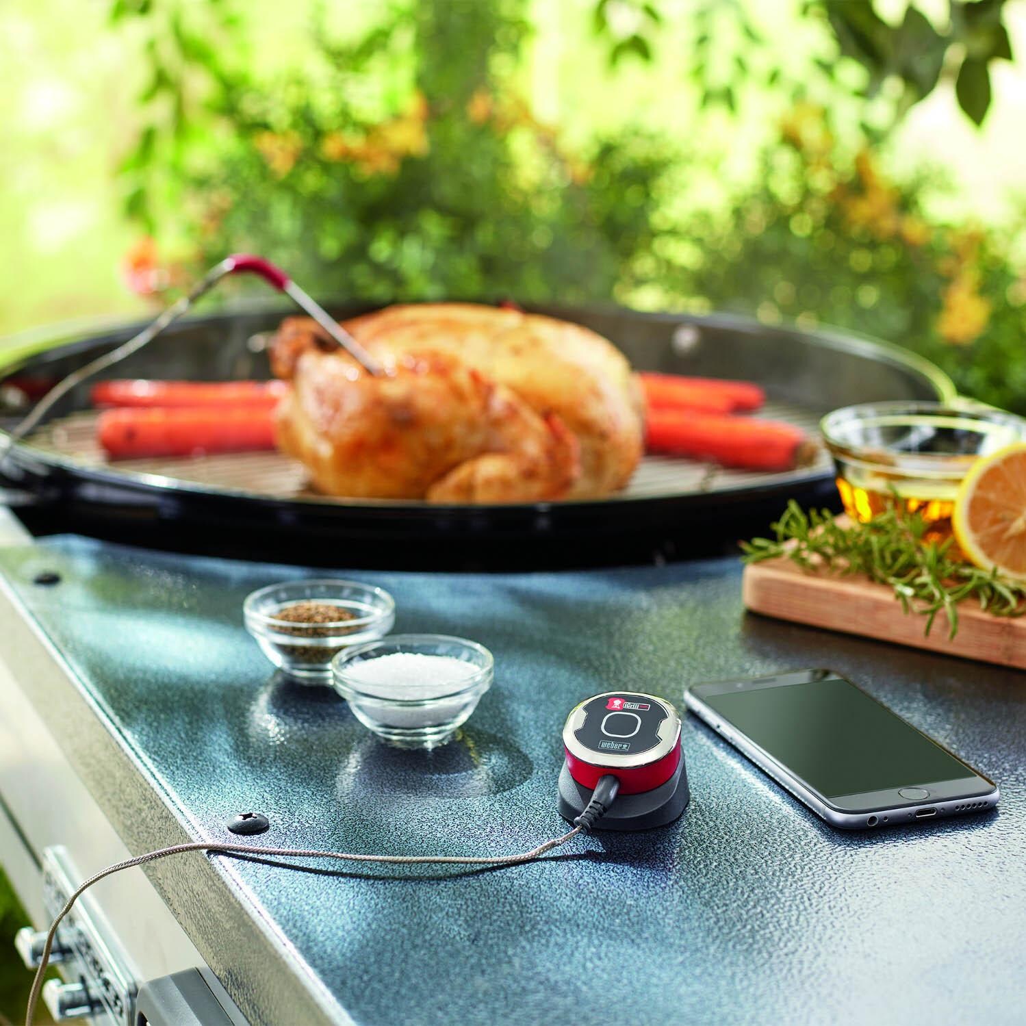 Weber 7202 iGrill Mini Smart LED Wireless Bluetooth Grill Thermometer - In Use With Charcoal Grill thumbnail
