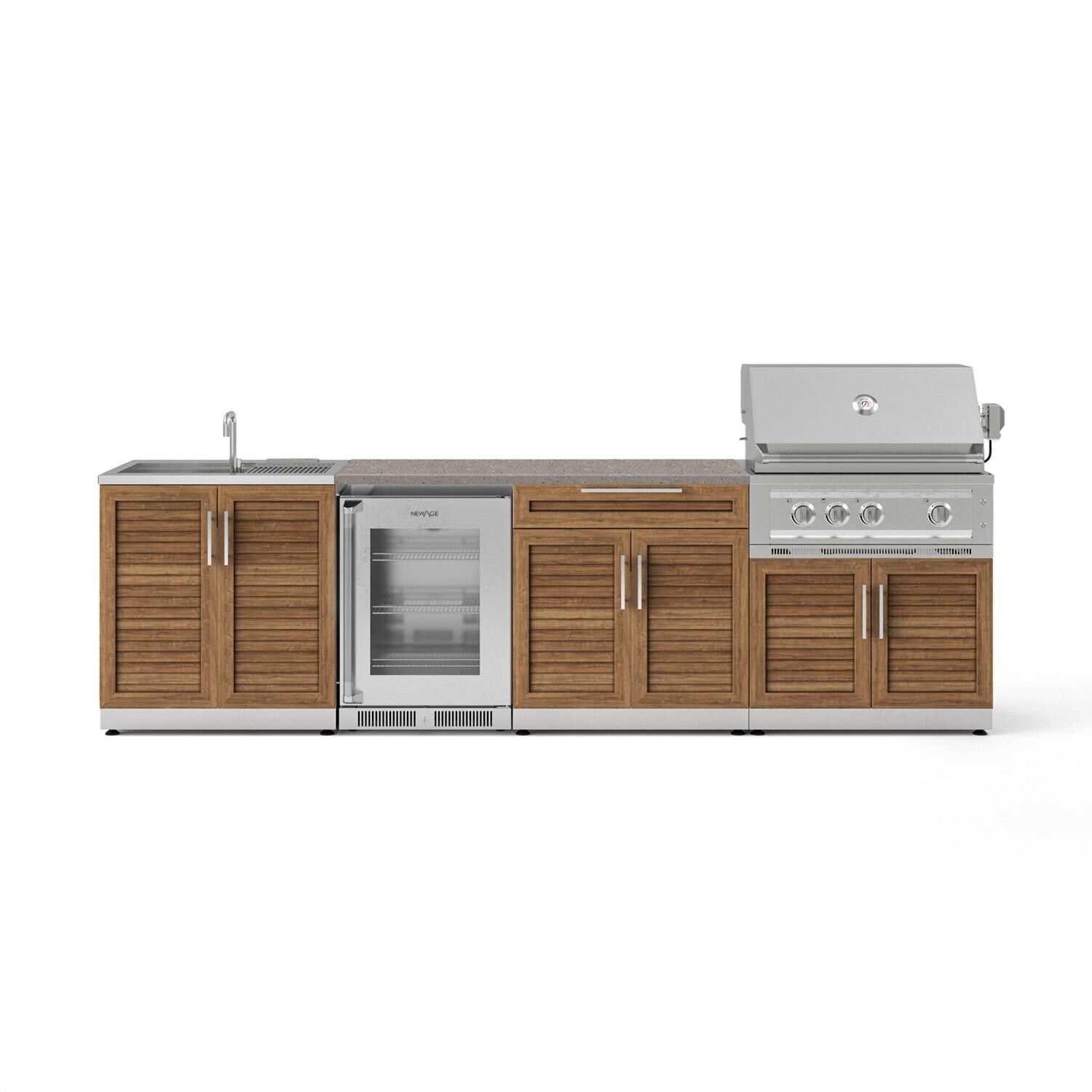 NewAge Products Classic Series 10 Ft Outdoor Kitchen Island w/ 33-in Propane Grill, Sink, Glass Door Refrigerator, Trash Bin, Door & Drawer in Grove/Sage Gray