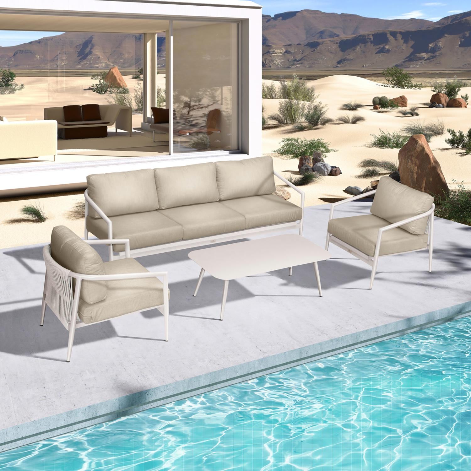 Lakeview Midnight Cove 4 Pc Aluminum Sofa Seating Set in Urban Stone/Carrera/Canvas Flax - Top - Lifestyle thumbnail