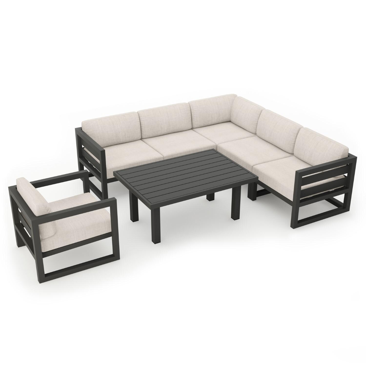 Lakeview MSTYCV-SL-SET212-CS Misty Cove 7 Pc Aluminum Sectional Set in Slate w/Chat Table & Cast Silver Cushions by Lakeview Outdoor Designs - Set Angled - White Background thumbnail