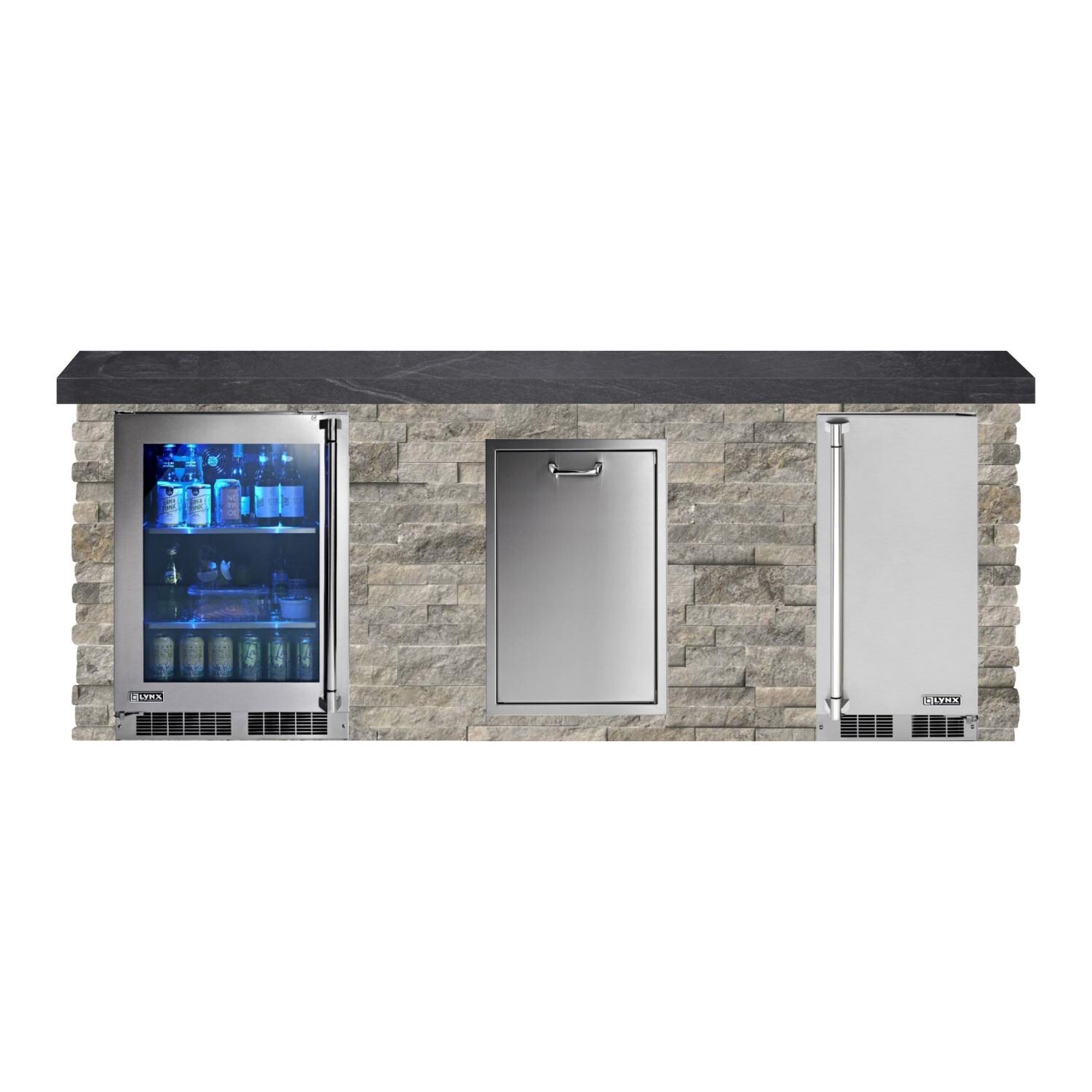 BBQGuys Signature 8ft Luxury Outdoor Kitchen w/ Lynx Professional Icemaker & Refrigertor - Silver Travertine Stone w/ Black Polished Granite