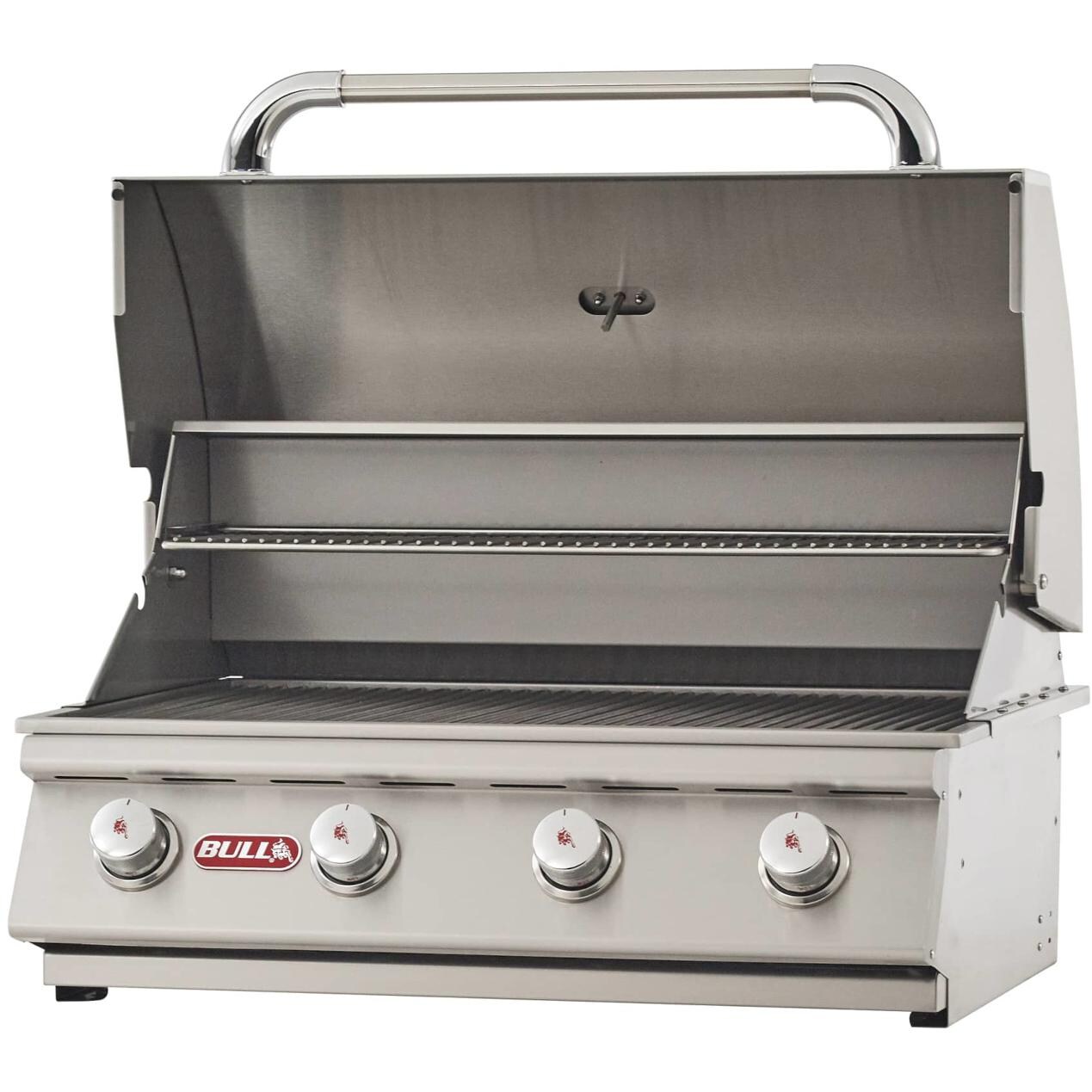 Bull 26038 Outlaw 4-Burner Built-In Gas Grill - Angled View With Hood Open thumbnail