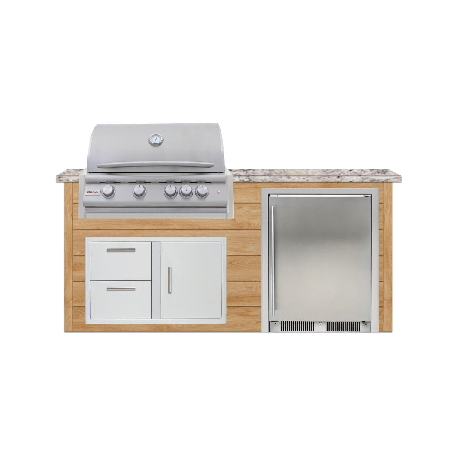 BBQGuys Signature 6 Ft Outdoor Kitchen Island w/ 32-in Propane Blaze LTE+ Grill & Refrigerator | Sun Bleached Oak w/ White Granite