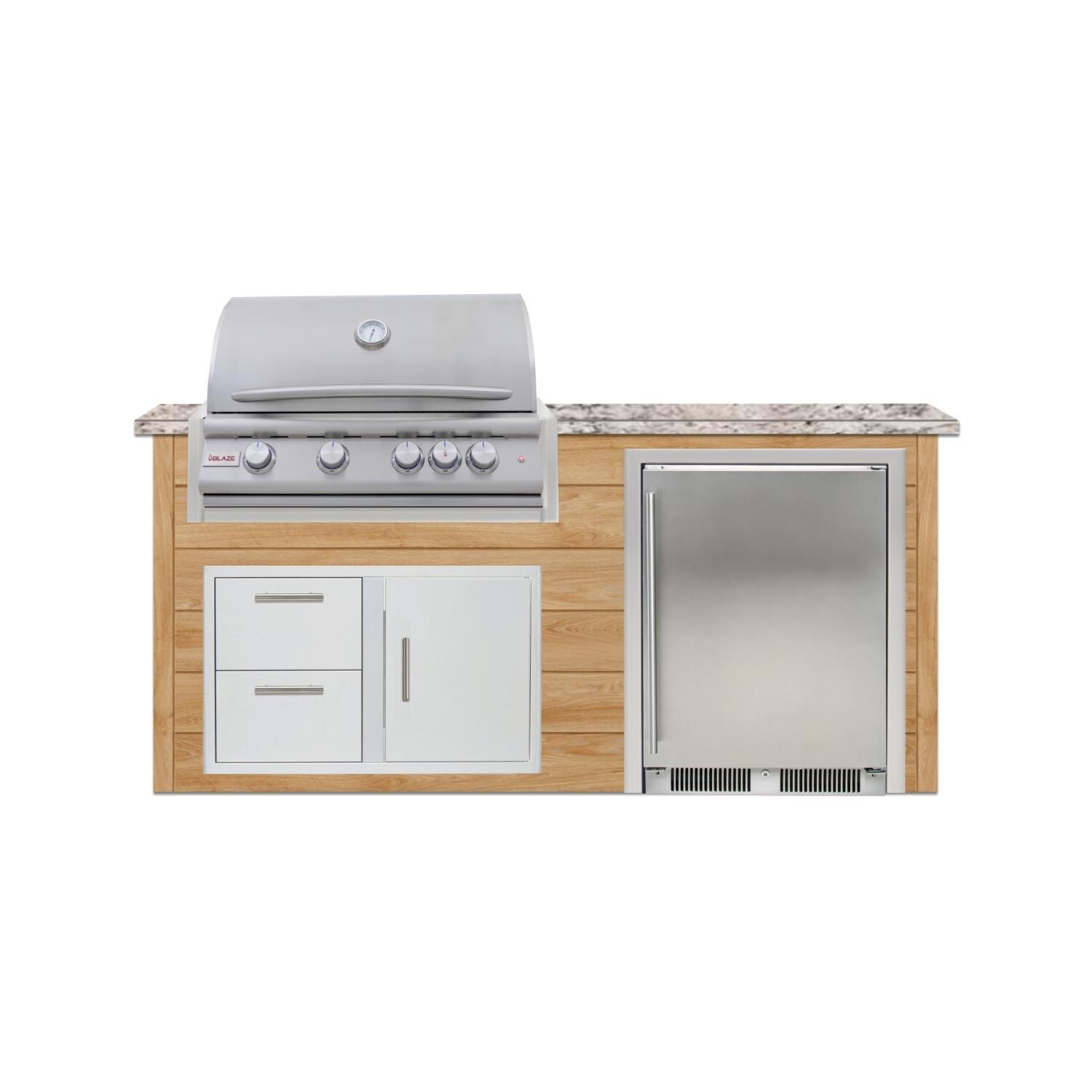 BBQGuys Signature 6 Ft Grill Island w/ 32-in Propane Blaze LTE+ Grill, Refrigerator & Door & Drawer | Sun Bleached Oak w/ White Granite - Front - White Background thumbnail