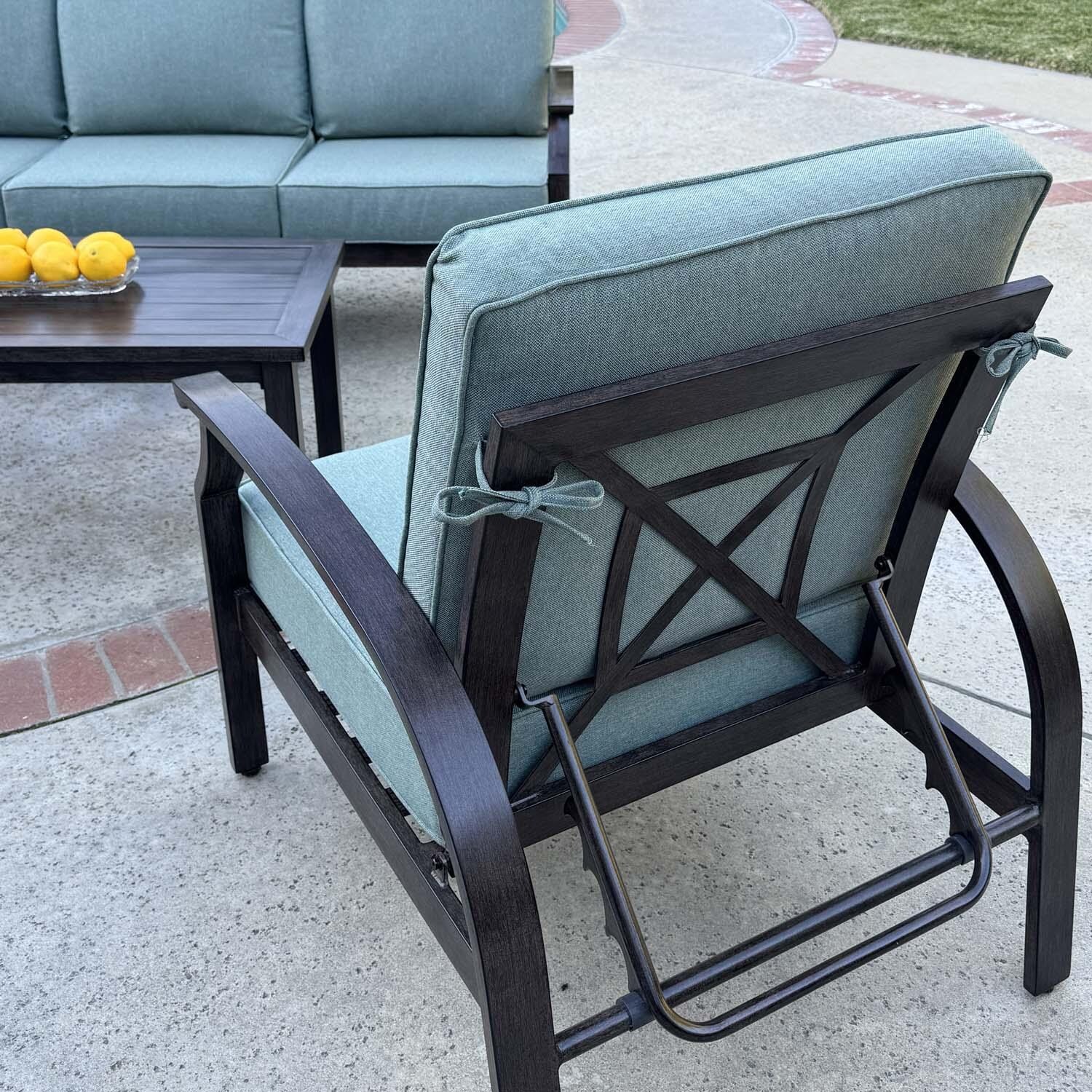 Atlantis 4 Pc Aluminum Seating Set w/ Rectangular Coffee Table in Walnut/Spa by Darlee - Chair Back - Detail thumbnail