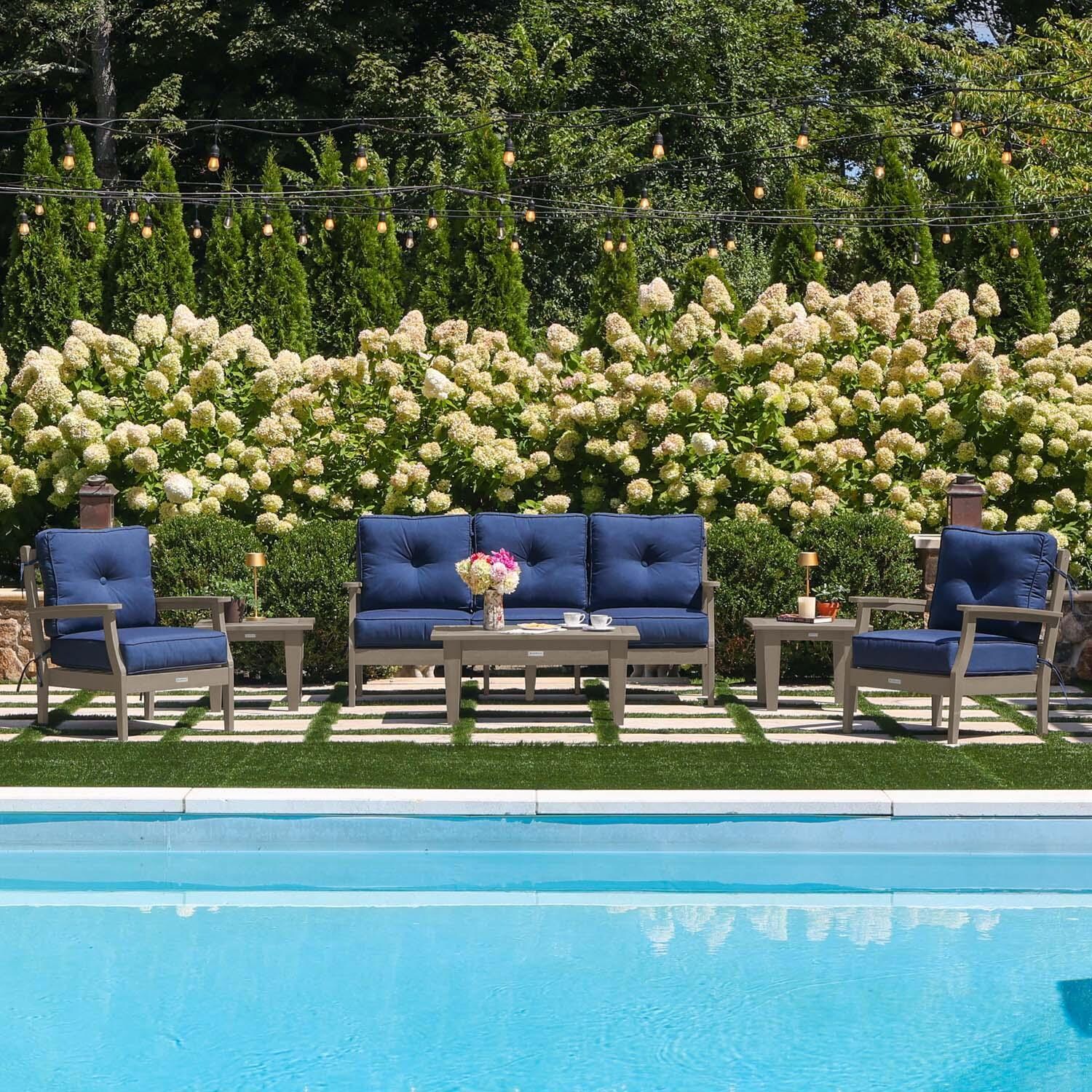 Blushing Bay 6 Pc Recycled Plastic Seating Set w/ Sofa in Spectrum Indigo/Woodland Brown by Lakeview Outdoor Designs - By the Pool - Lifestyle thumbnail