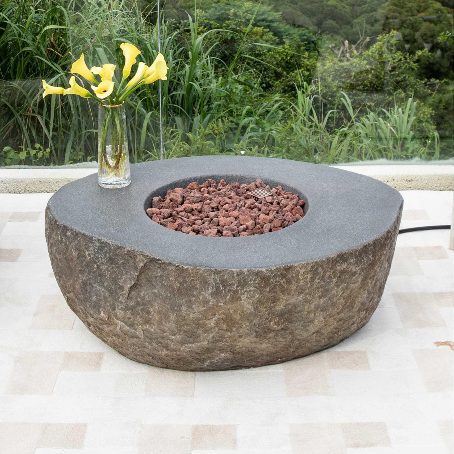 Boulder 43-in Round Glass Fiber Reinforced Concrete Propane Fire Pit in Gray by Elementi