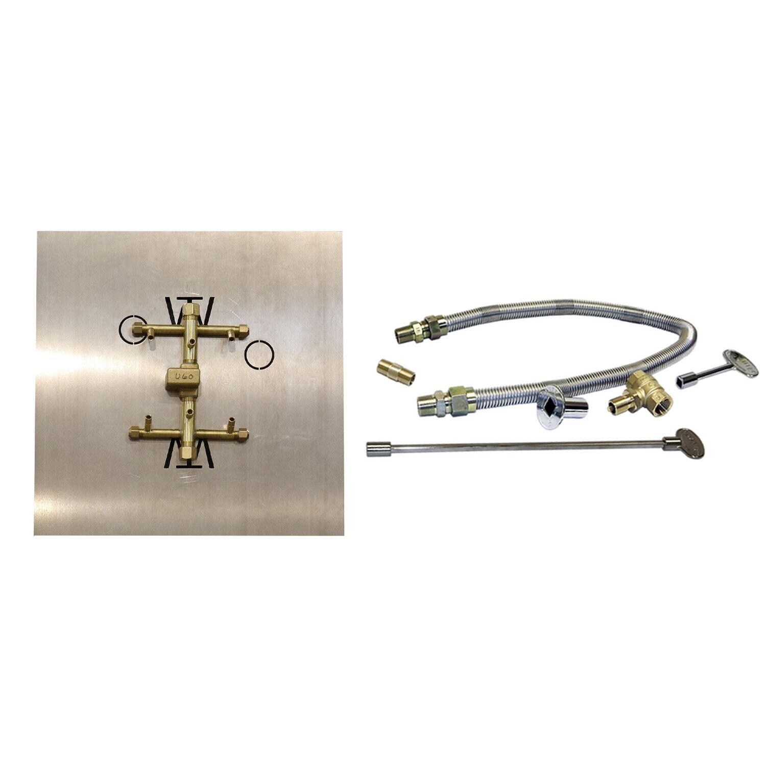 Warming Trends 9 X 6 3/4 CROSSFIRE Brass Natural Gas/Propane Burner w/ 18-in Square Plate & Flex Line Kit - White Background thumbnail