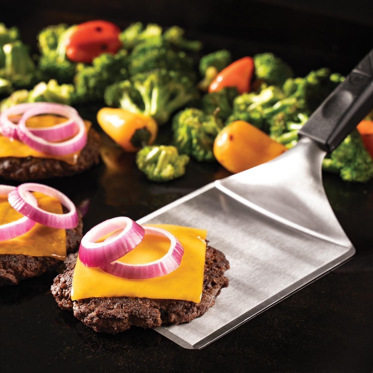 Blackstone 6006 Select 36 Inch Griddle Air Fryer Combo W/ Dual Side Tables & Storage Drawers and Hamburger & Cleaning Kit - 3-Piece Hamburger Kit - Burger Spatula In Use - Lifestyle thumbnail