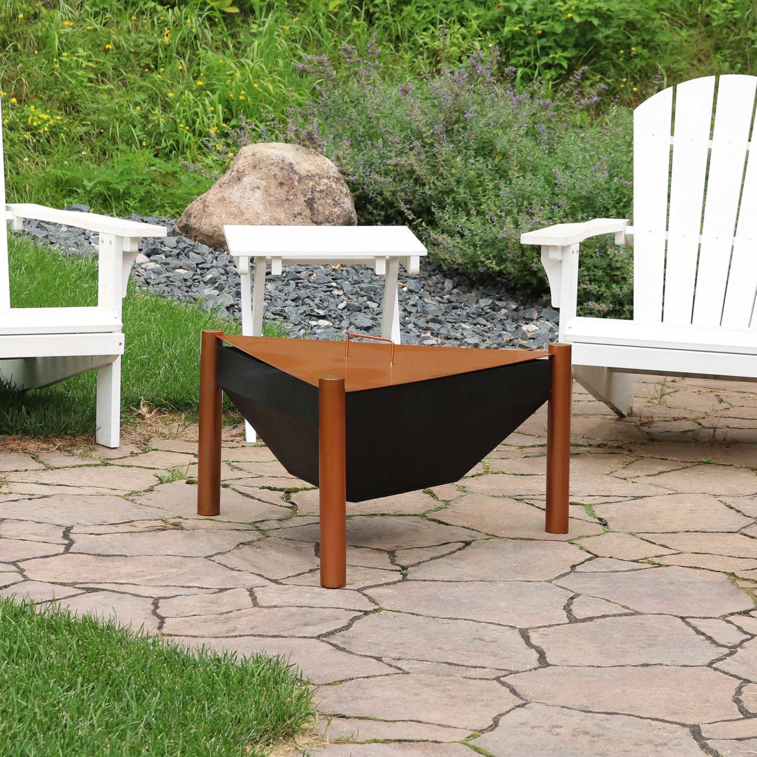 Ultimate Patio 31-Inch Steel Triangle Wood Burning Fire Pit & Side Table - Tabletop Lid thumbnail