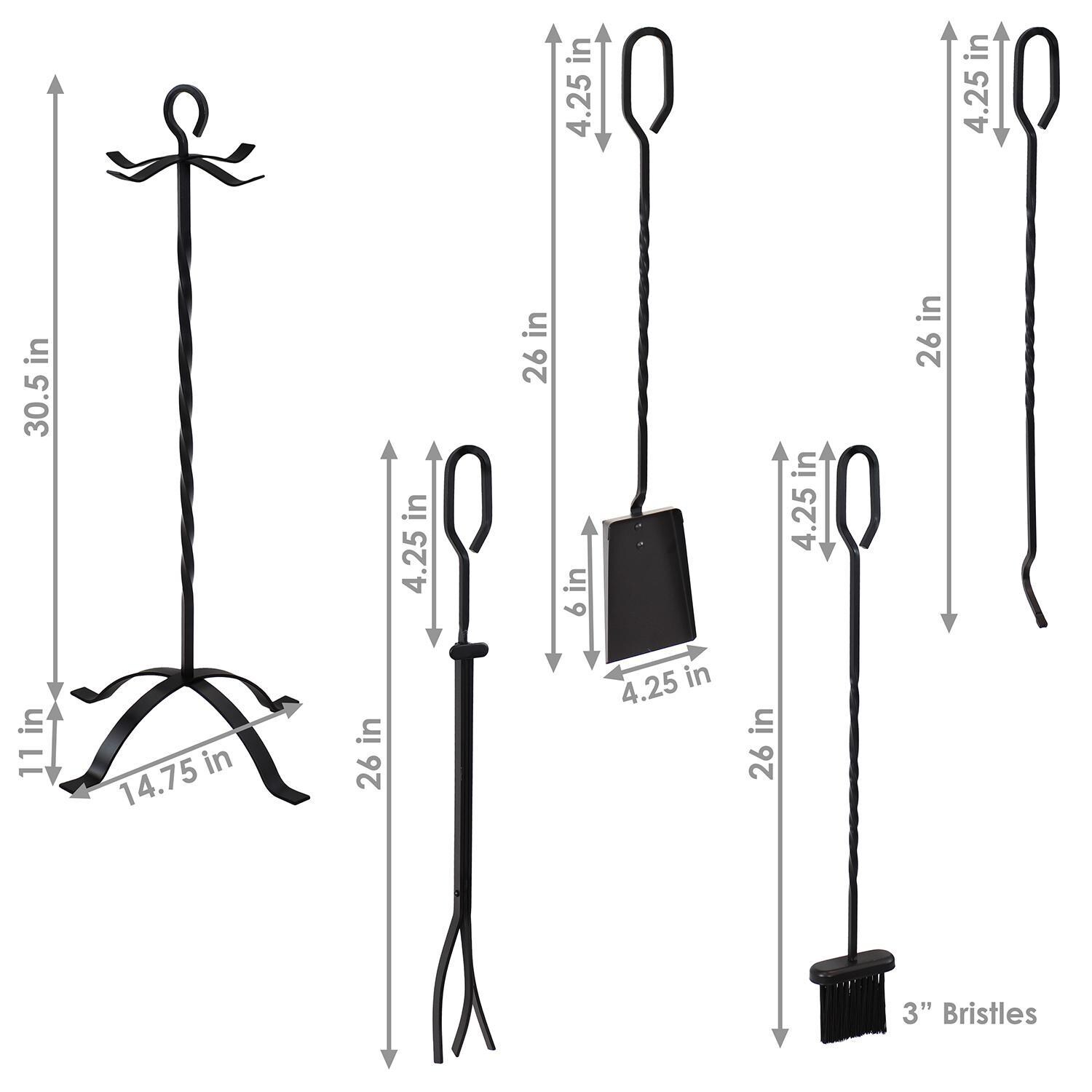 Ultimate Patio 5-Piece Steel Fireplace Tool Set w/ Stand - Dimensions thumbnail