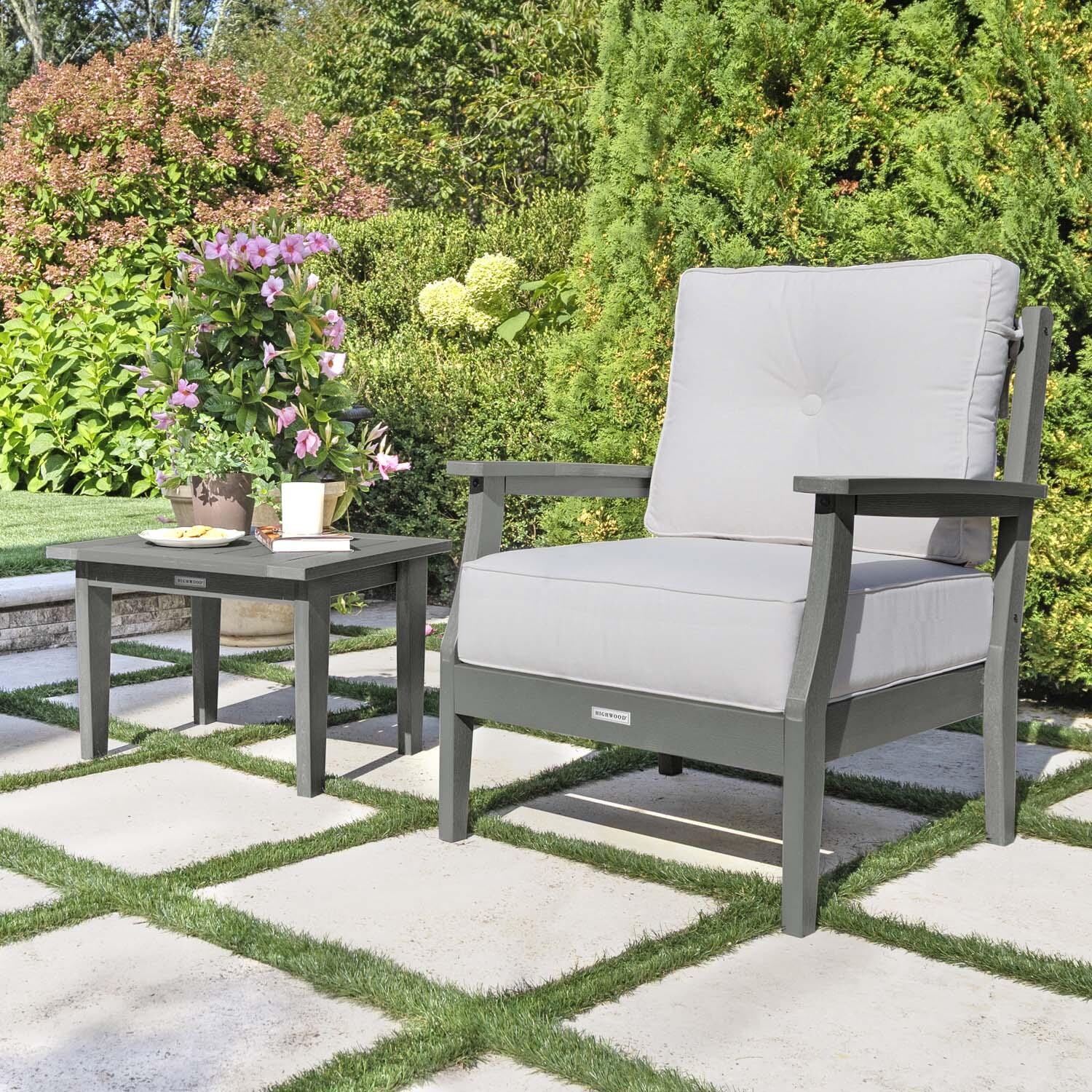 Blushing Bay 3 Pc Recycled Plastic Seating Set in Bliss Linen/Coastal Teak by Lakeview Outdoor Designs - Close Up - Lifestyle thumbnail