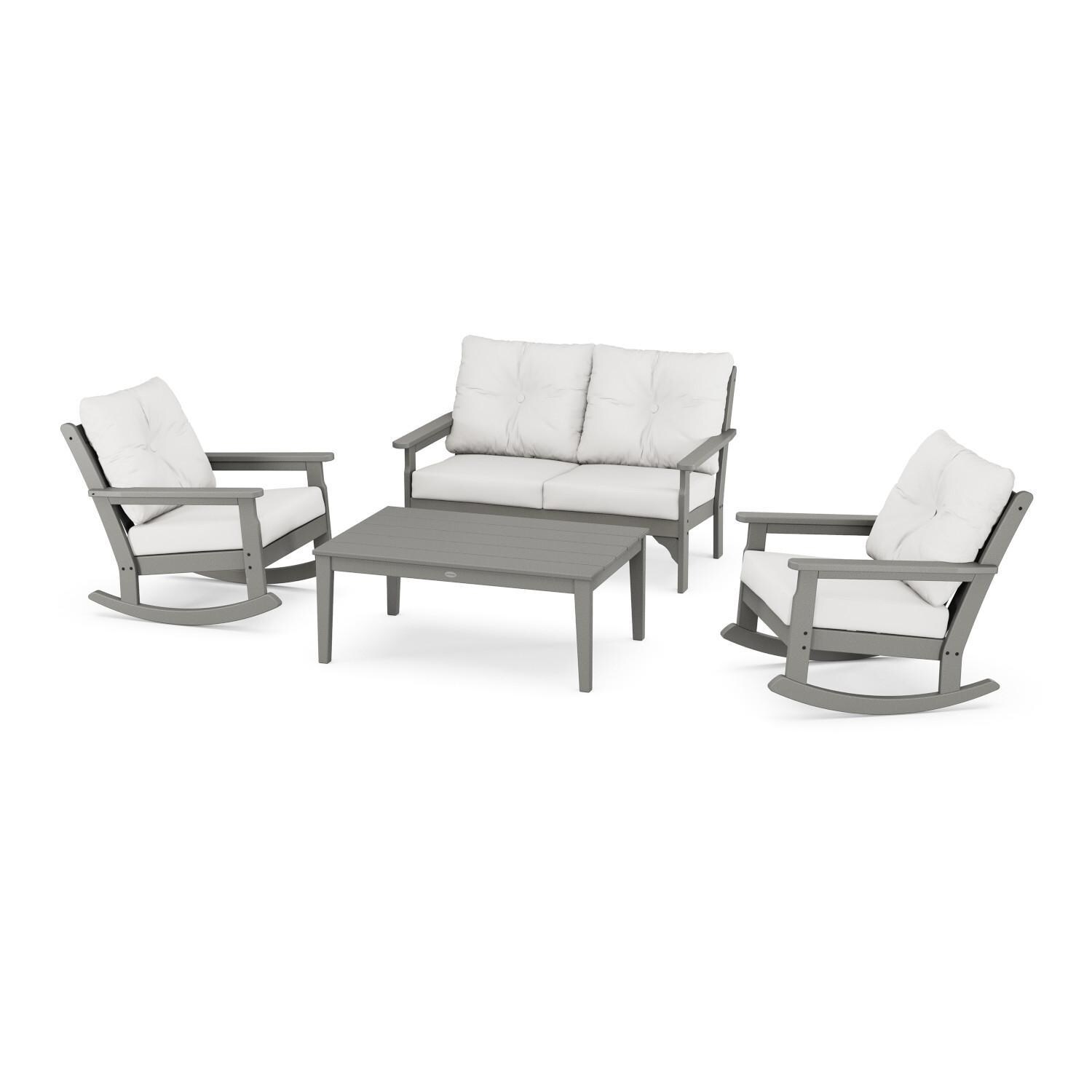 POLYWOOD Vineyard Slate Grey & Natural Linen 4-Piece Deep Seating Rocking Chair Set thumbnail