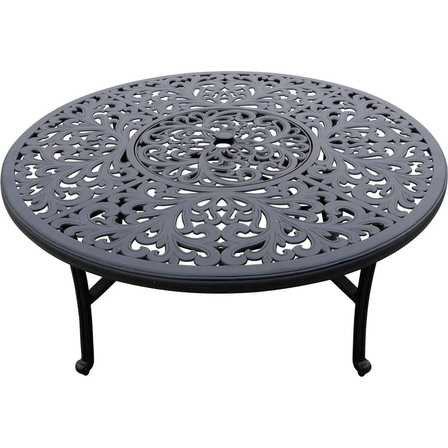 Darlee Elisabeth 5 Pc Cast Aluminum Fire Pit Seating Set w/ 52 Inch Series 80 Table w/ Ice Bucket Insert & Swivel Rockers in Antique Bronze/Beige - Table - White Background thumbnail