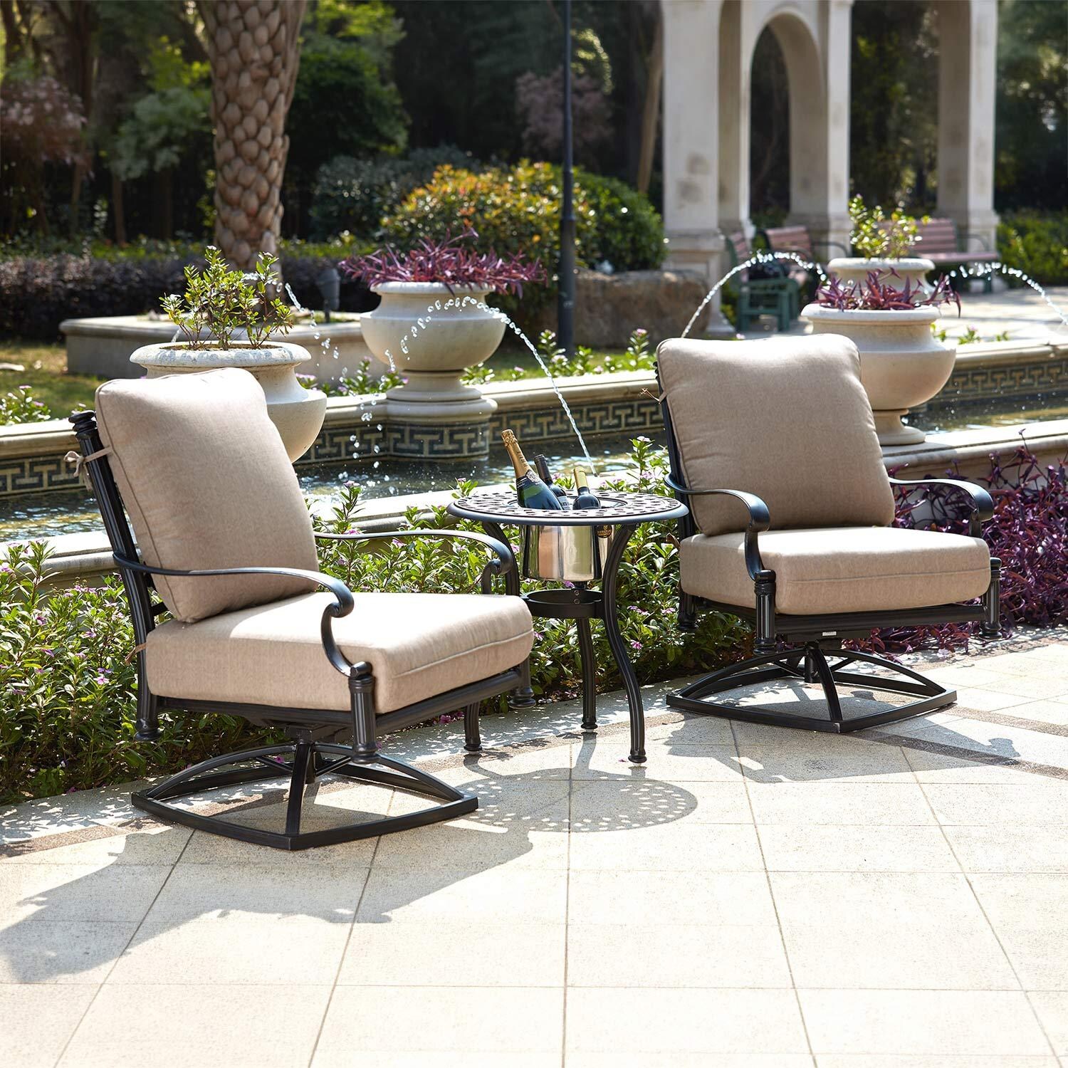 Santa Barbara 3 Pc Cast Aluminum Seating Set w/ 24 Inch Series 60 Ice Bucket End Table & Swivel Rockers in Antique Bronze/Beige Canvas by Darlee
