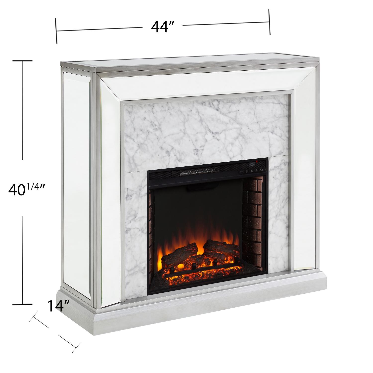 Southern Enterprises FE1027359 Trandling 44-Inch Electric Fireplace - Antique Silver W/ Faux Marble & Mirrored Surround - Measurements thumbnail
