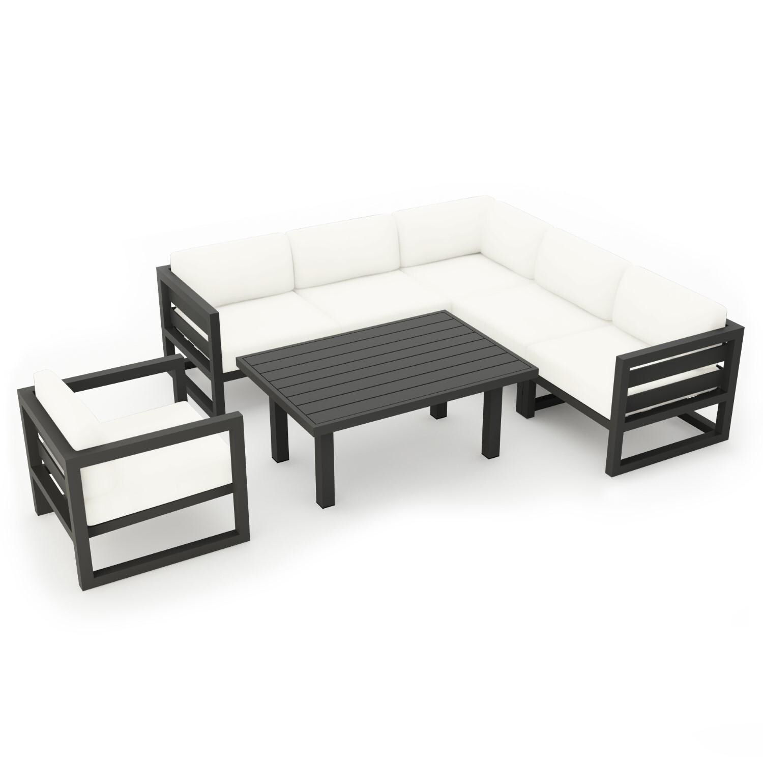 Lakeview MSTYCV-SL-SET212-CN Misty Cove 7 Pc Aluminum Sectional Set in Slate w/Chat Table & Canvas Natural Cushions by Lakeview Outdoor Designs - Set Angled - White Background thumbnail
