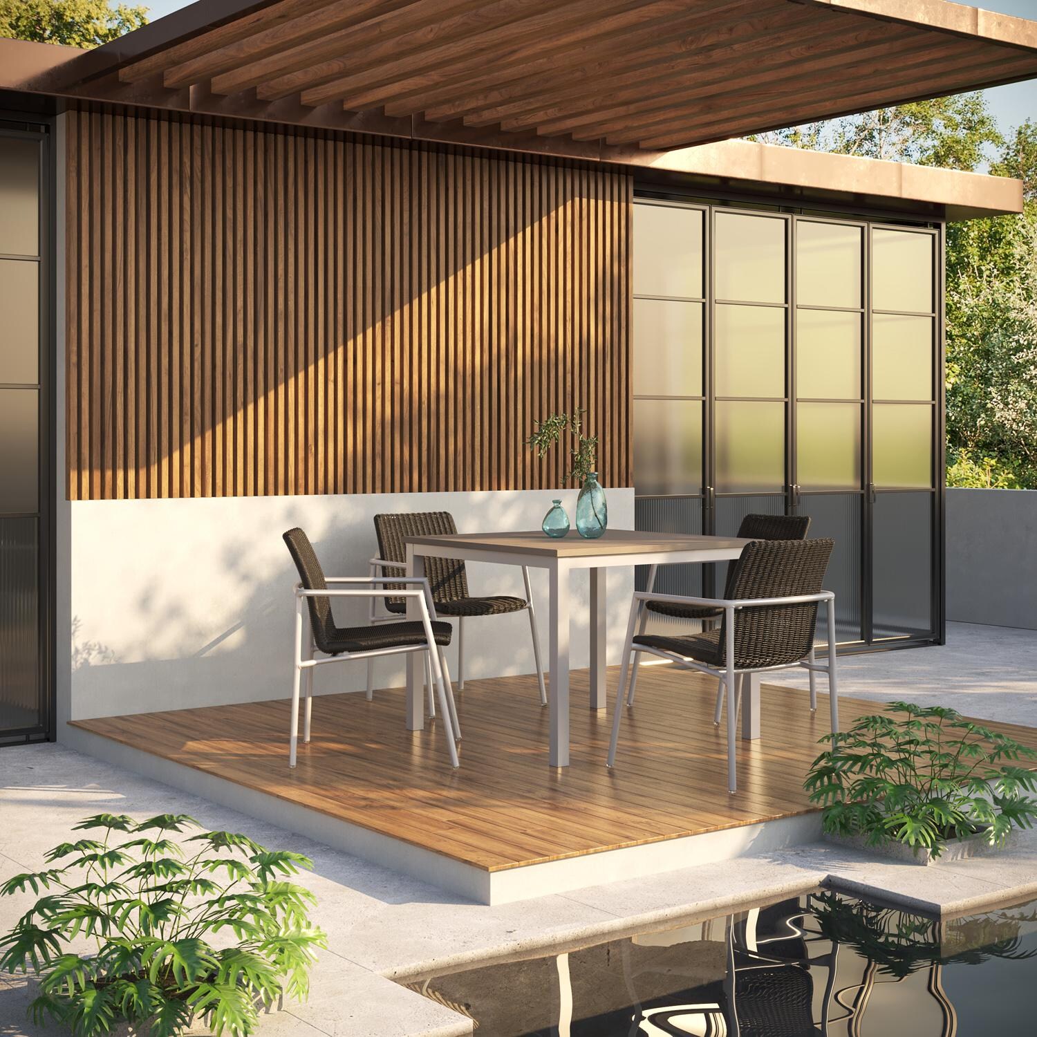 Oxford Garden Orso 5 Pc Wicker & Aluminum Arm Chair Dining Set W/ Vintage Tekwood Table Top in Flint/Shadow thumbnail