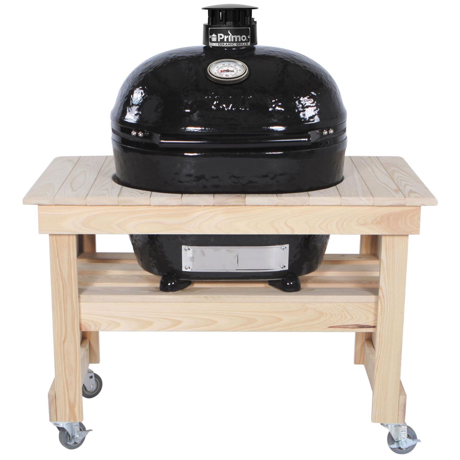 Primo Oval XL 400 Ceramic Kamado Grill On Compact Cypress Table With Stainless Steel Grates - PGCXLH (2021) image