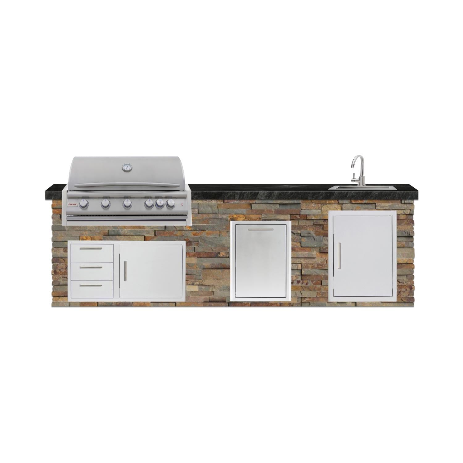 BBQGuys Signature 10 Ft Outdoor Kitchen Island w/ 40 Inch Natural Gas Blaze LTE+ Grill , Sink & Double Trash Bin | Gold Rush w/ Black Granite