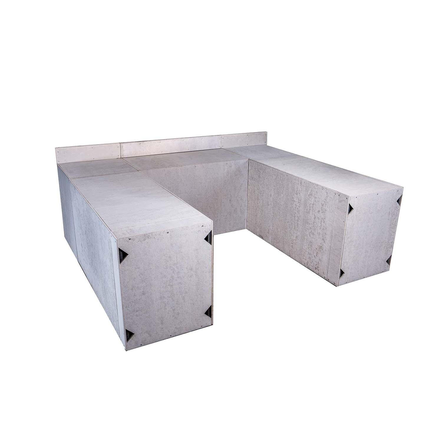 Universal 8 ft X 9.5 ft X 8 ft Ready To Finish U-Shaped Outdoor Kitchen System Appliance and Storage Cabinets W/Backsplashes On 54 Inch & 90 Degree Corner Cabinets