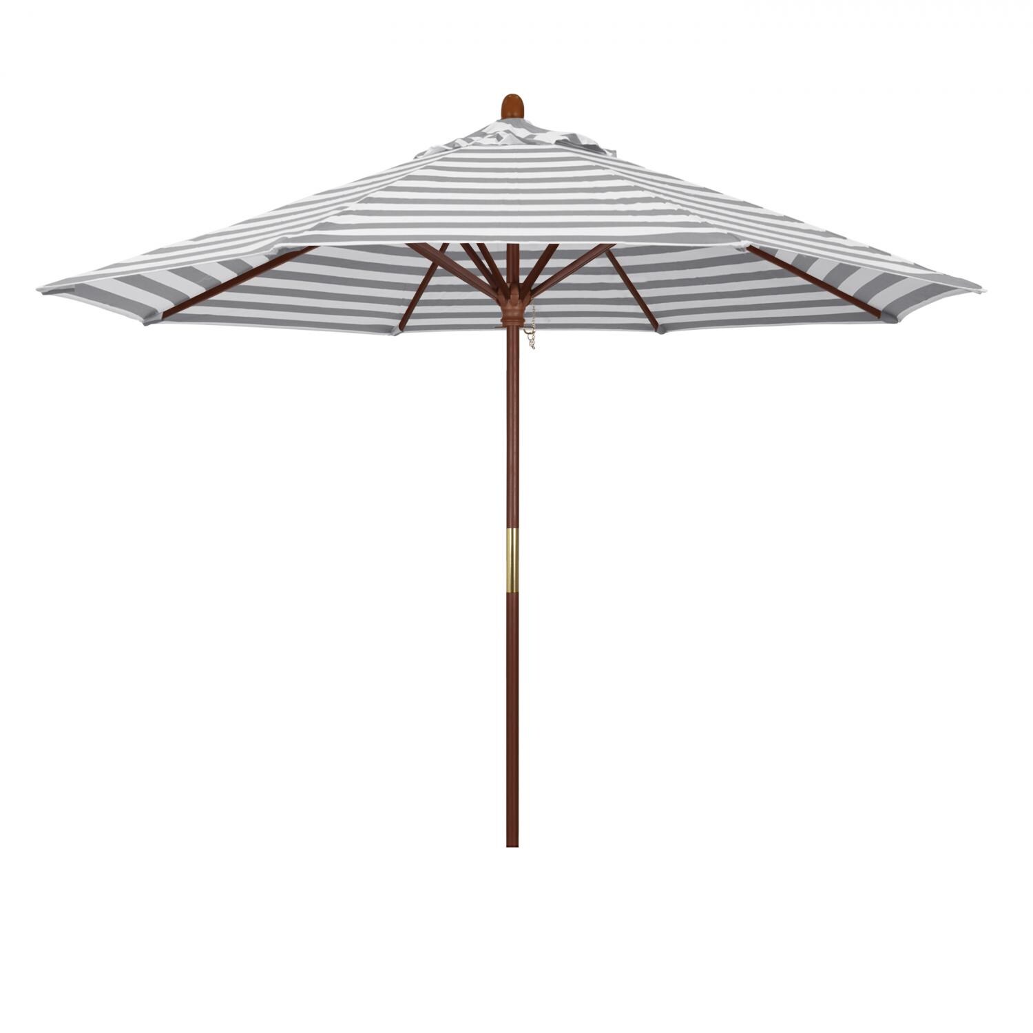 California Umbrella Grove Series 9 Ft Octagonal Hardwood Patio Umbrella W/ Push Lift - Olefin Gray White Cabana Stripe Canopy