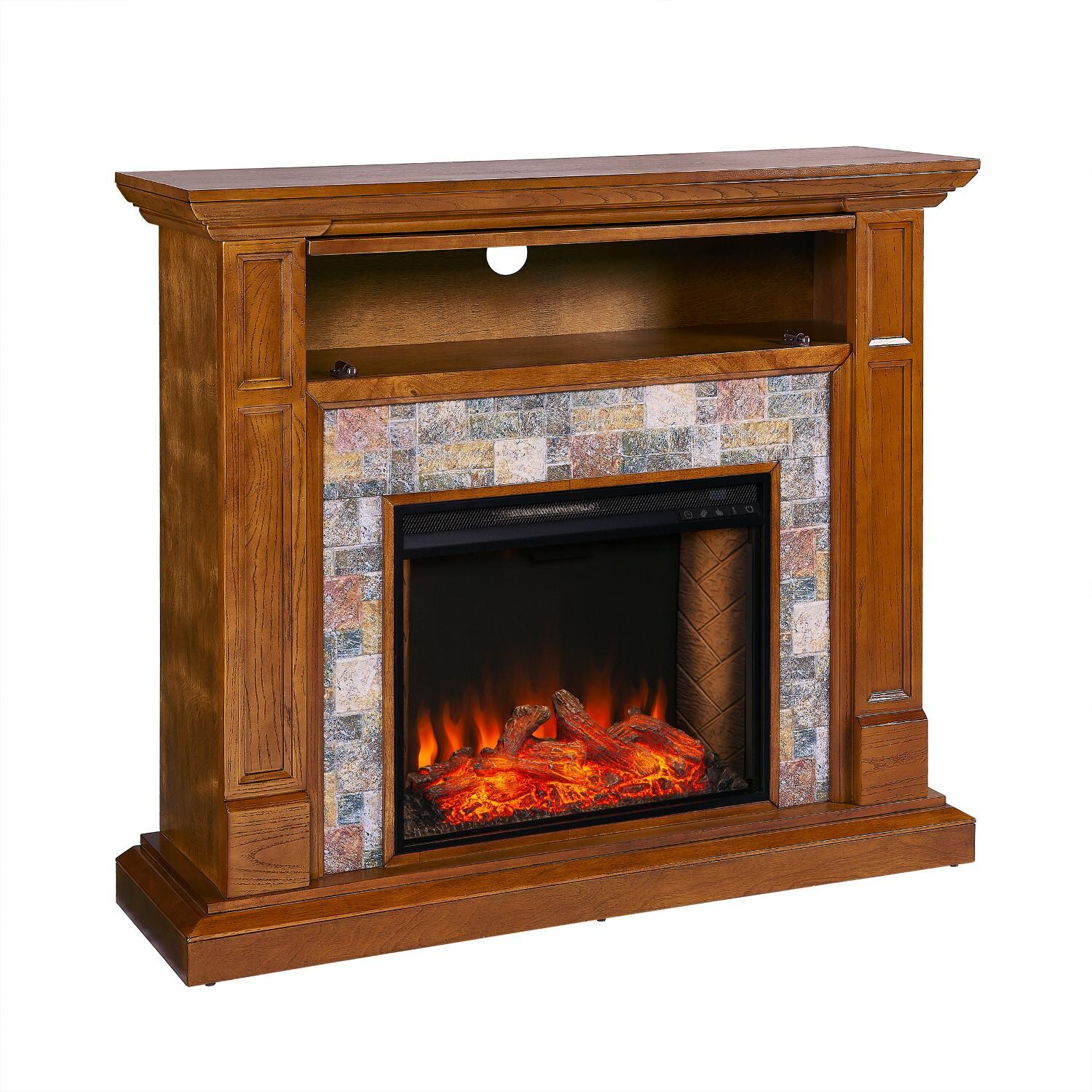 Southern Enterprises FS9319 Vogelsdon 48-Inch Electric Fireplace W/ Alexa-Enabled Smart Firebox - Dark Sienna W/ Faux Stone - Media Shelf Open thumbnail