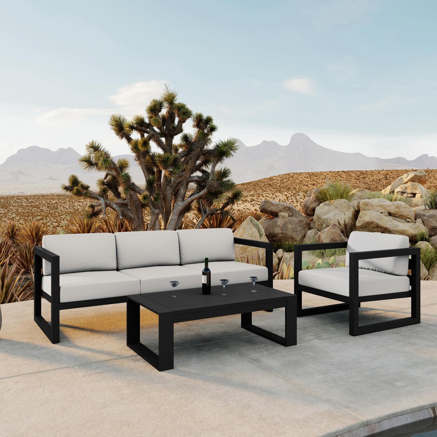 Lakeview MSTYCV-BK-3SS-CN Misty Cove 3 Pc Aluminum Seating Set in Black w/Portal Coffee Table & Canvas Natural Cushions by Lakeview Outdoor Designs - By the Pool - Lifestyle thumbnail