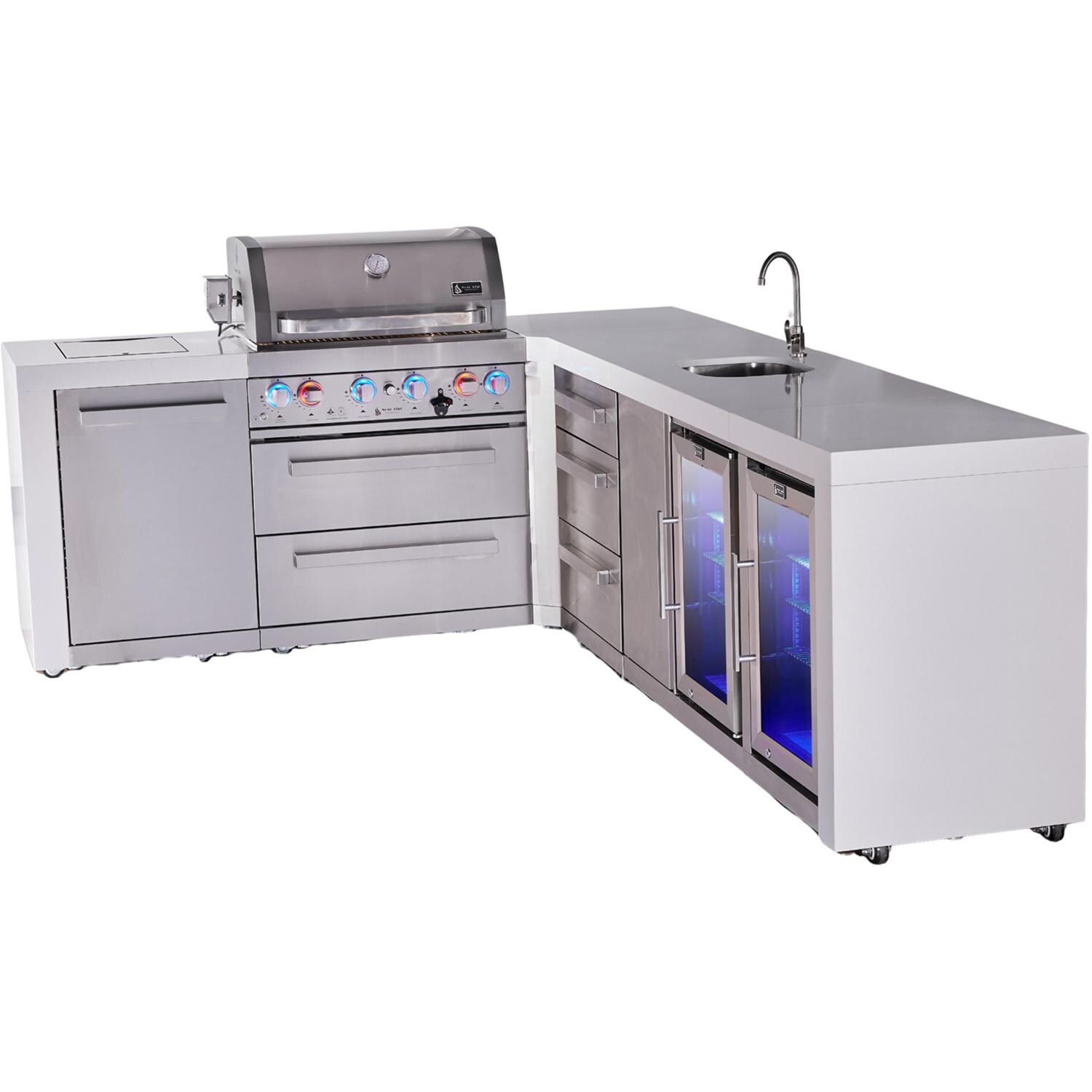 Mont Alpi Deluxe Series 9 1/2 Ft Propane Outdoor Kitchen Island w/ 32-in Grill, Side Burner, Beverage Center, Fridge & Triple Drawer - MAi400-D90BEVFCDR - Angled Right - White Background thumbnail