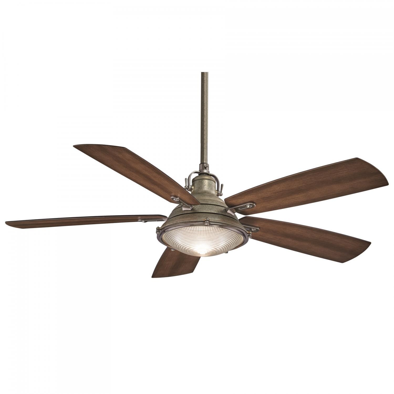 Minka-Aire Groton 56-Inch 5-Blade LED Ceiling Fan in Weathered Aluminum & Pewter Finish W/ Dark Pine Blades & Clear Fresnel Lens - F681L-WA/PW