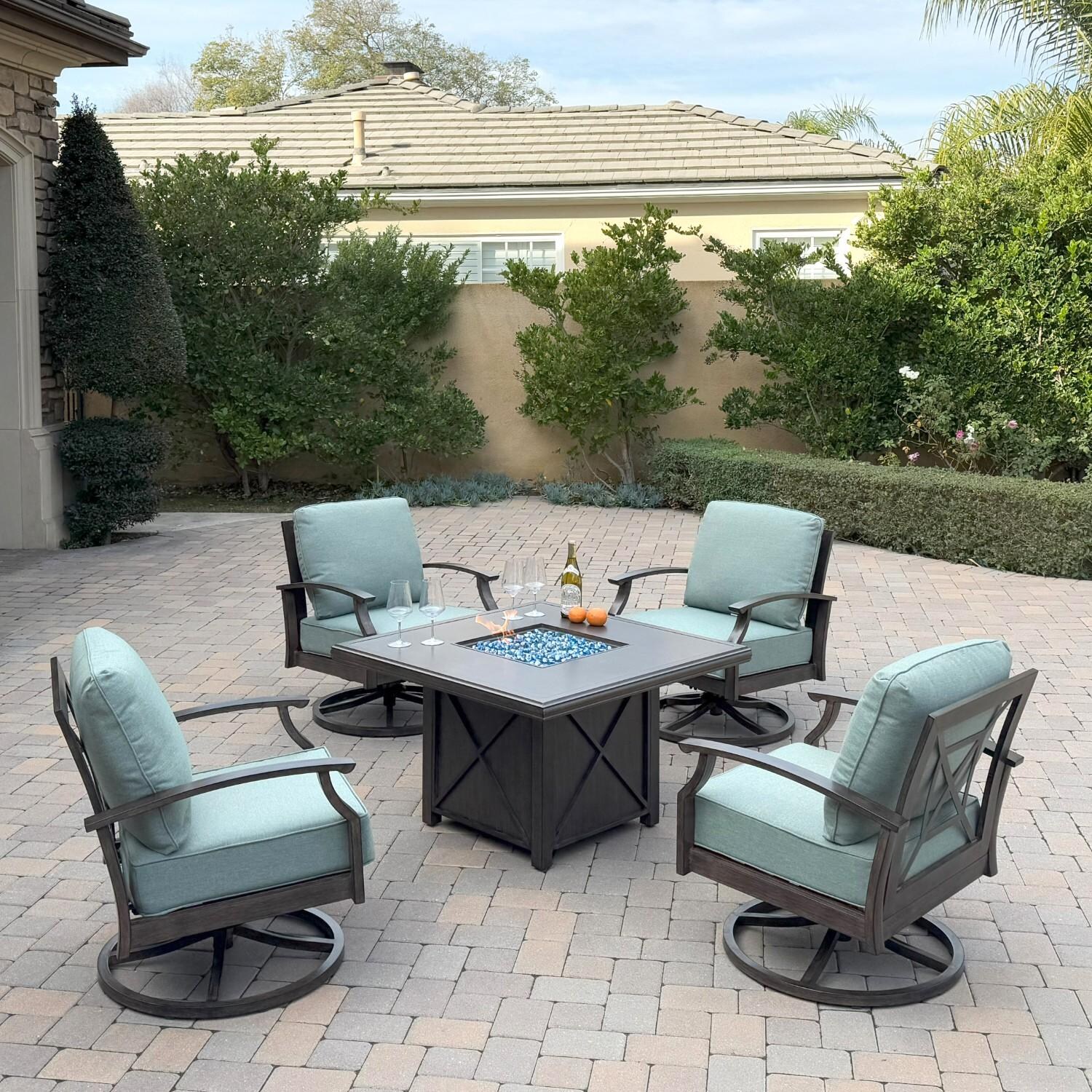Atlantis 5 Pc Aluminum Fire Pit Seating Set w/ 4 Swivel Rocker Club Chairs in Walnut/Spa by Darlee