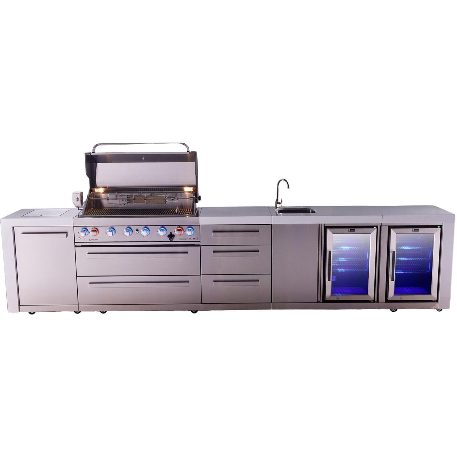 Mont Alpi Deluxe Series 13 Ft Natural Gas Outdoor Kitchen Island w/ 44-in Grill, Side Burner, Beverage Center, Fridge & Triple Drawer (Ships Propane w/ Conversion Kit) - Grill Open - White Background thumbnail