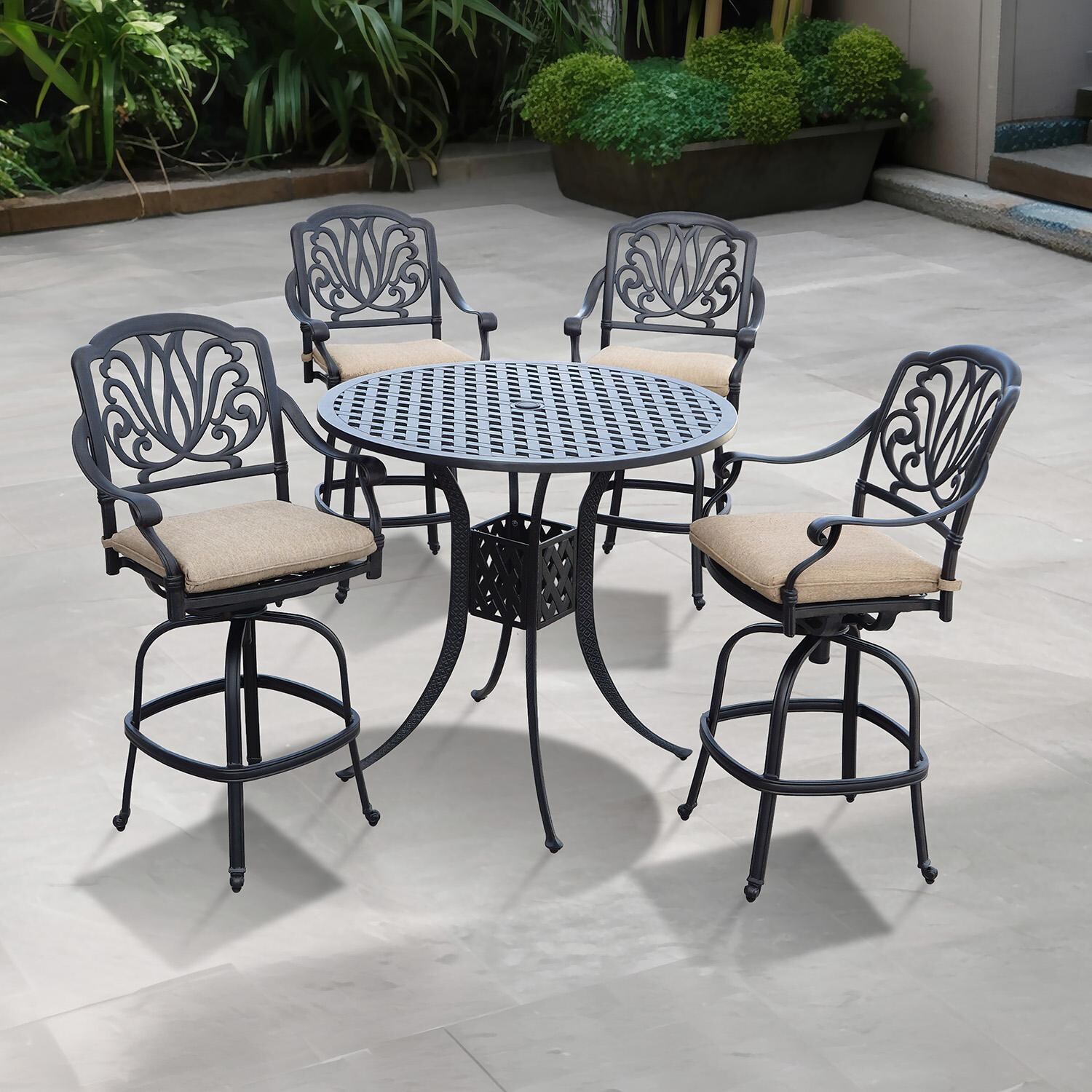 Elisabeth 5 Pc Cast Aluminum Bar Set w/ 42 Inch Round Series 30 Table in Antique Bronze/Beige by Darlee