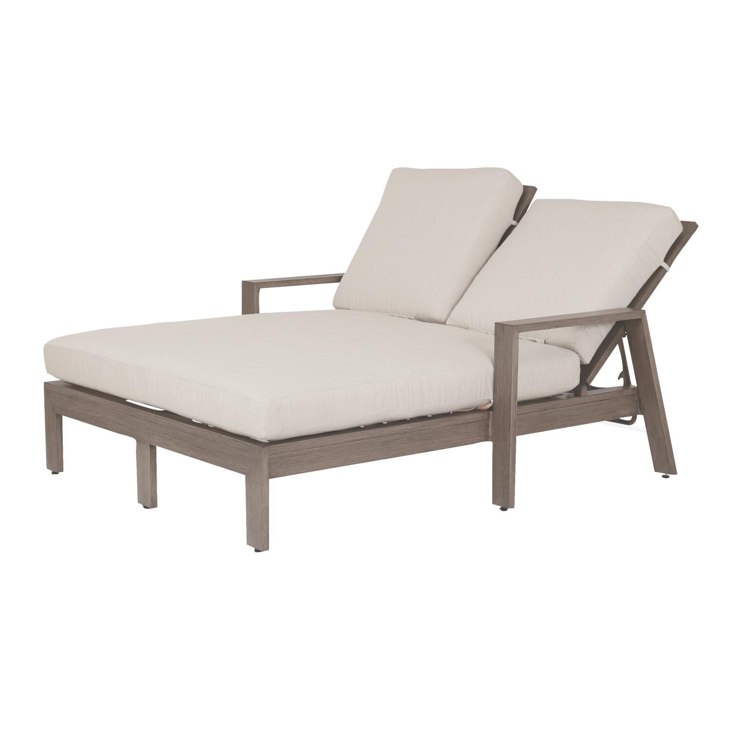 Laguna Aluminum Patio Double Chaise Lounge W/ Sunbrella Canvas Flax Cushions By Sunset West - White Background thumbnail