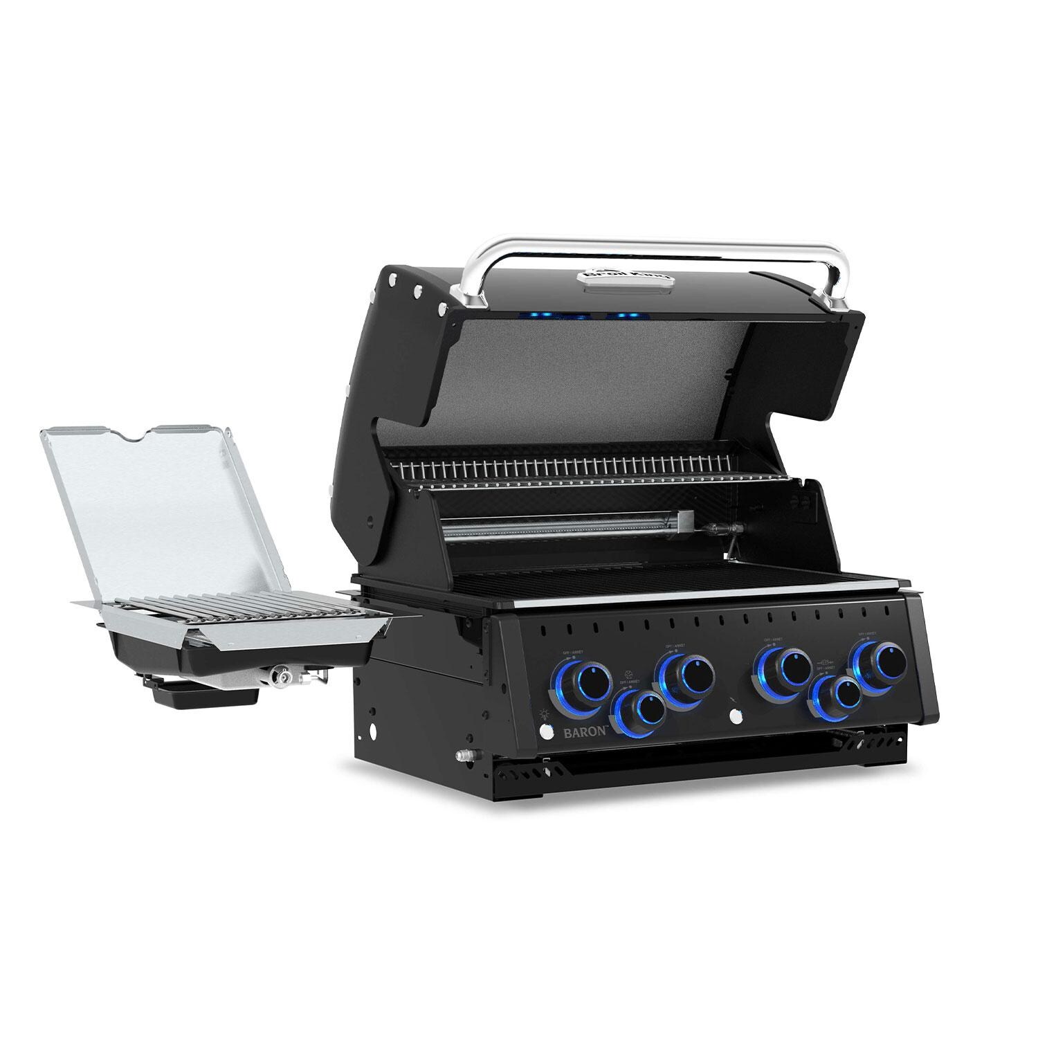 Broil King 875644 Baron 420 IR Shadow 4 Burner Propane Grill - Lid Up - Angled Right - White Background  thumbnail